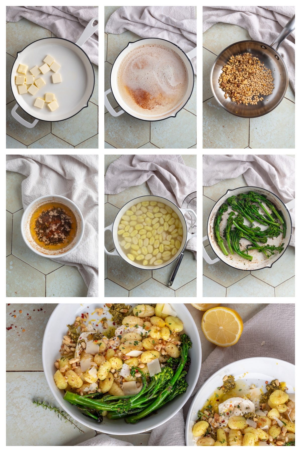 Cooking process for gnocchi with burrata, pesto, and brown butter. Step-by-step images showing how to make potato gnocchi with burrata and pesto, from browning butter to toasting nuts and cooking broccolini.