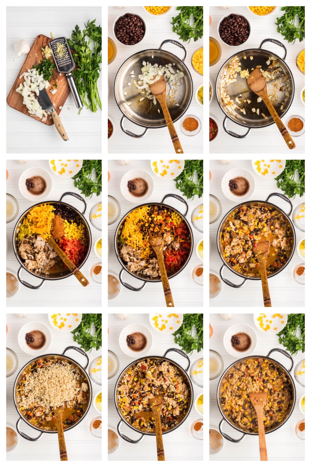 Collage showing the cooking process of Southwest Turkey Skillet: sautéing onions and garlic, adding turkey and vegetables, simmering with stock and seasoning, mixing in rice, and topping with melted cheese step by step collage of making the turkey skillet