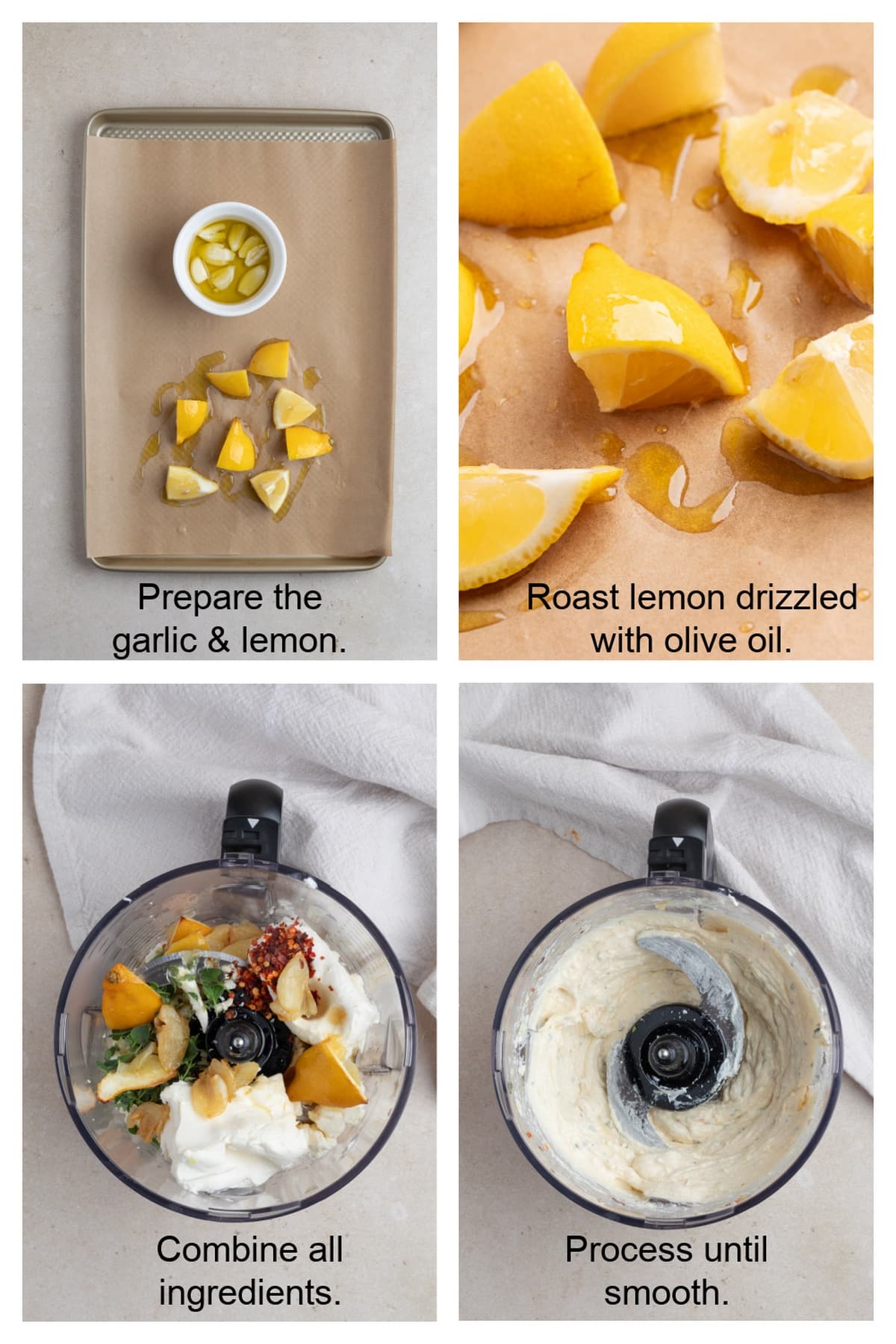 Whipped Feta Dip Step-by-Step Process Step-by-step collage showing the process of making whipped feta roasted garlic dip with honey.