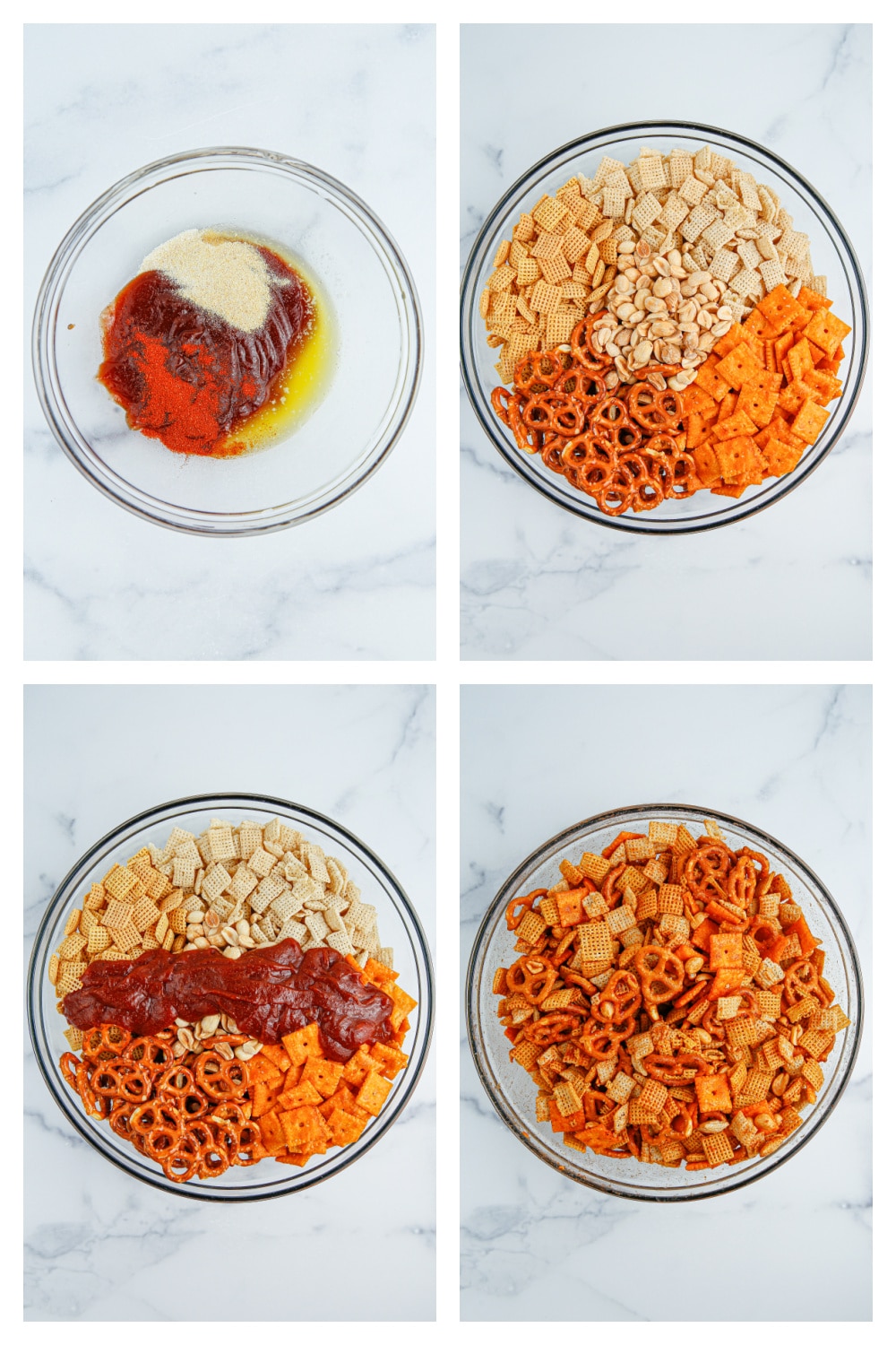 How to make oven-baked BBQ Chex snack mix Process steps for making BBQ Chex snack mix with BBQ sauce and seasonings