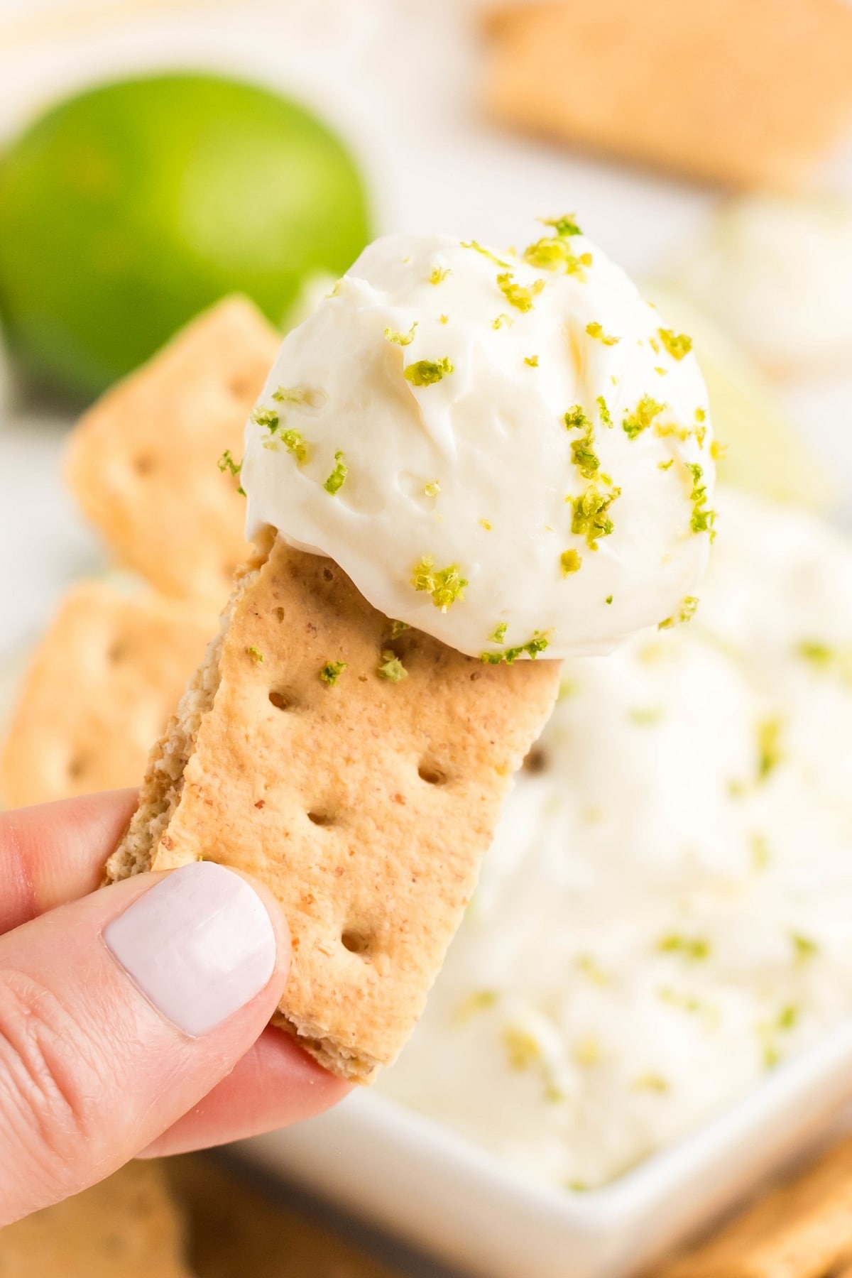 Key Lime Pie Dip on a graham cracker. close up of the no bake dessert dip