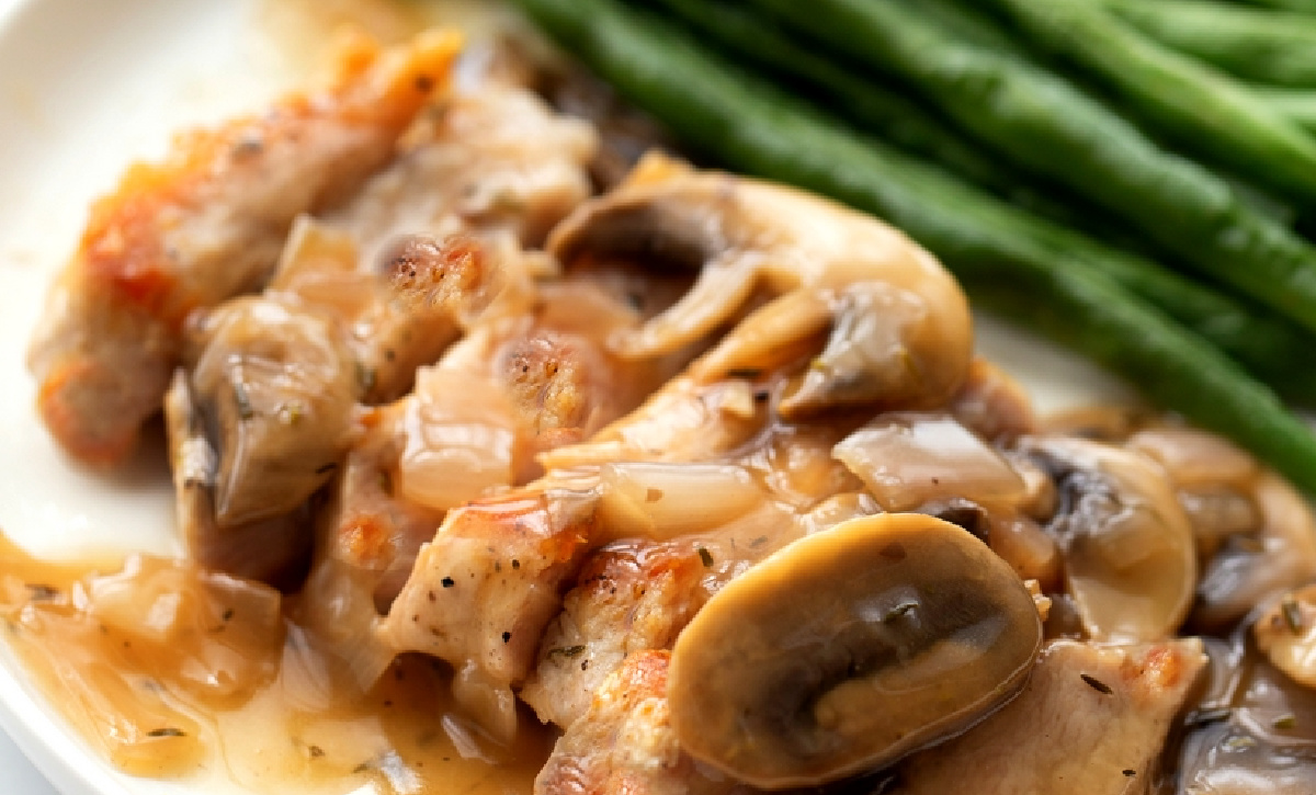 Pork Marsala with boneless pork chops covered in a mushroom Marsala sauce.