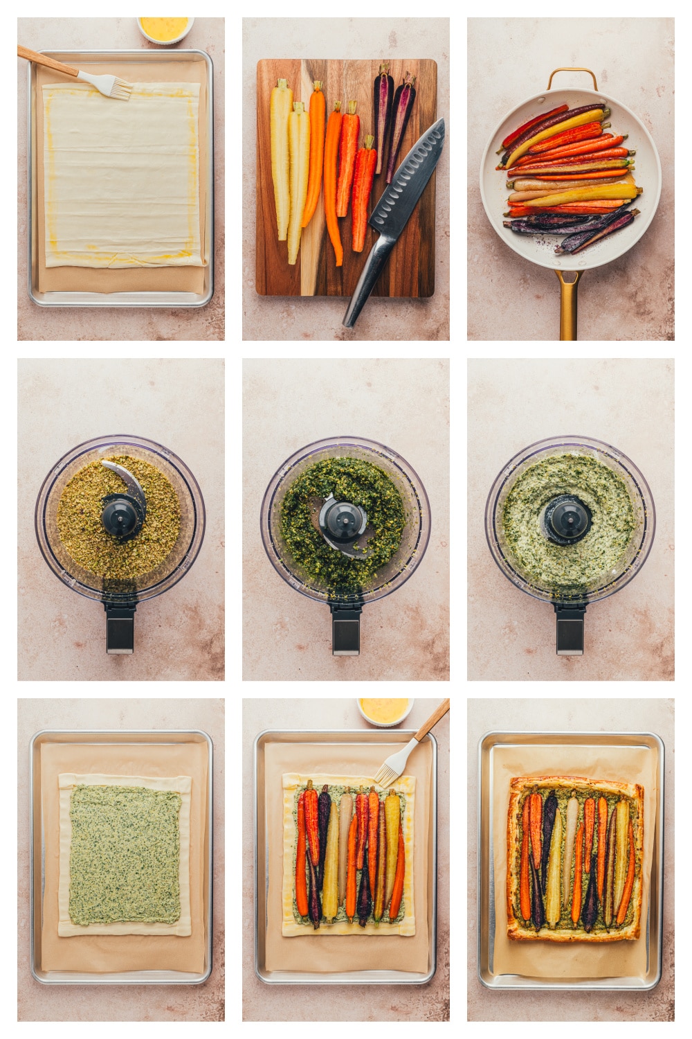 A series of images showing key steps: preparing the puff pastry, roasting the carrots, making the pesto, and assembling the tart before baking.