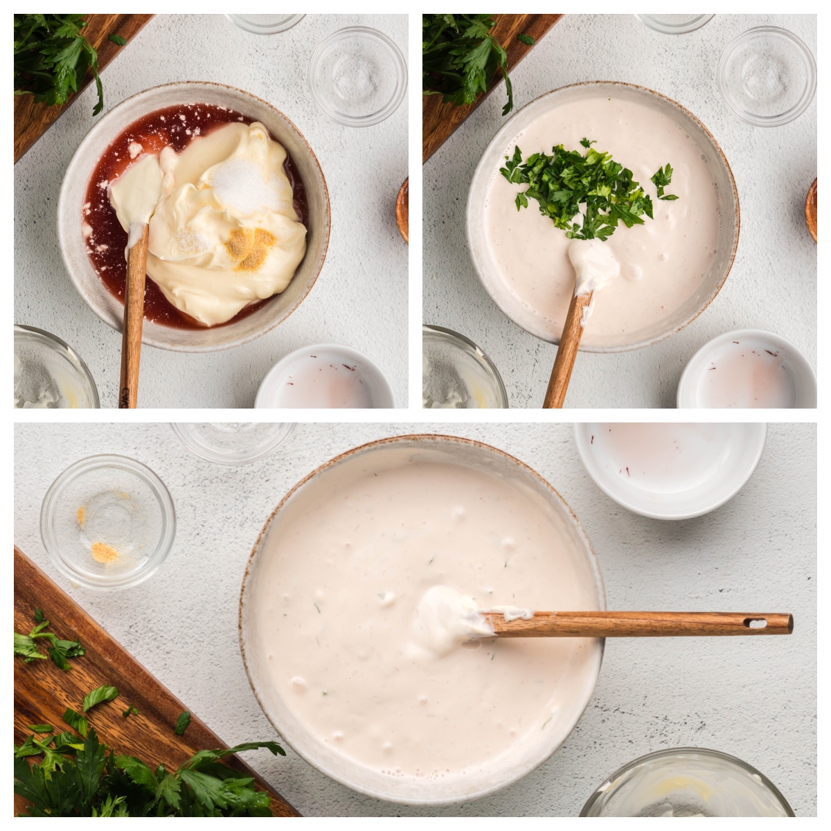 Step-by-step collage showing how to make creamy mayonnaise salad dressing in a bowl 