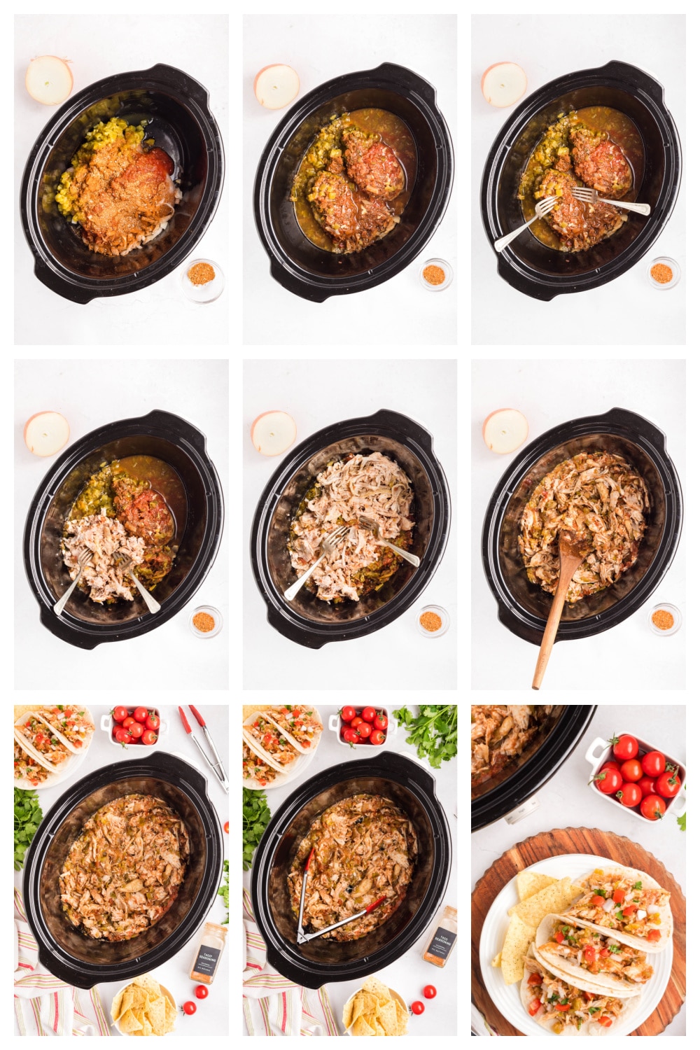 How to make Slow Cooker Shredded Taco Chicken Collage showing the process of adding ingredients, slow cooking, shredding the chicken, and stirring everything together.