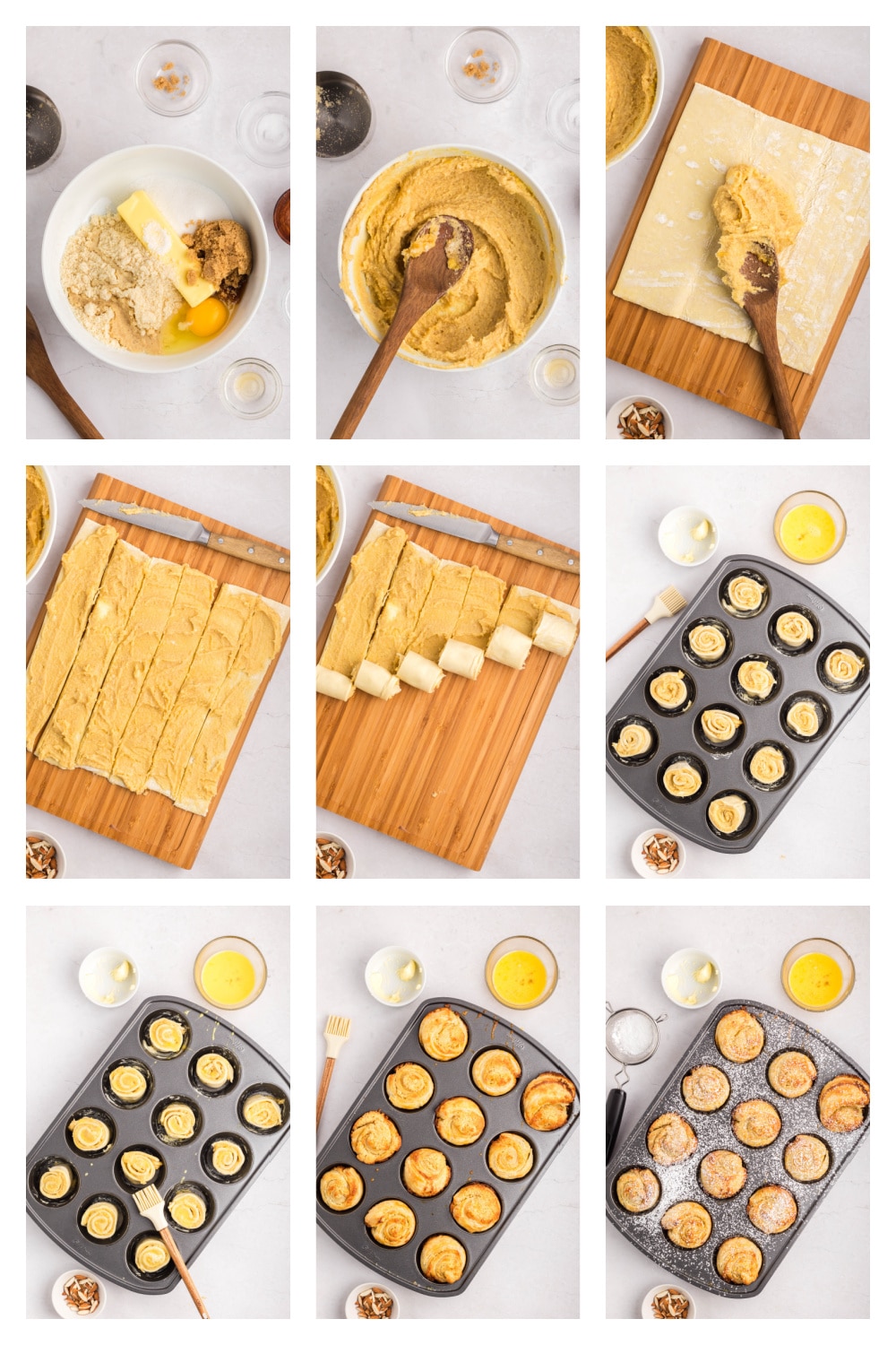 how to make almond cruffins Step-by-step collage showing the cruffin-making process, from filling and rolling the dough to baking in muffin tins.