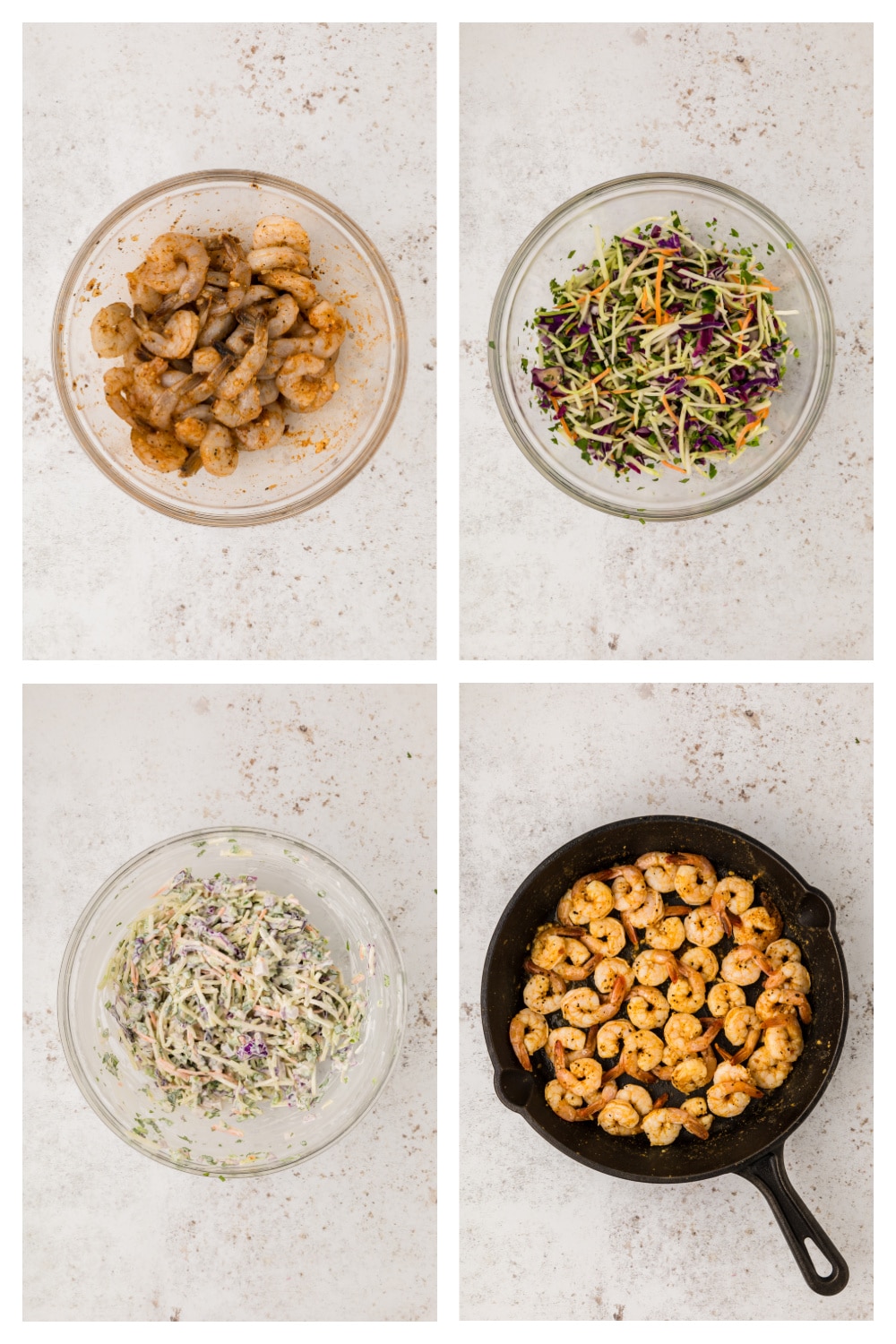 Step-by-step collage showing the process of making slaw, seasoning shrimp, cooking, and assembling tacos