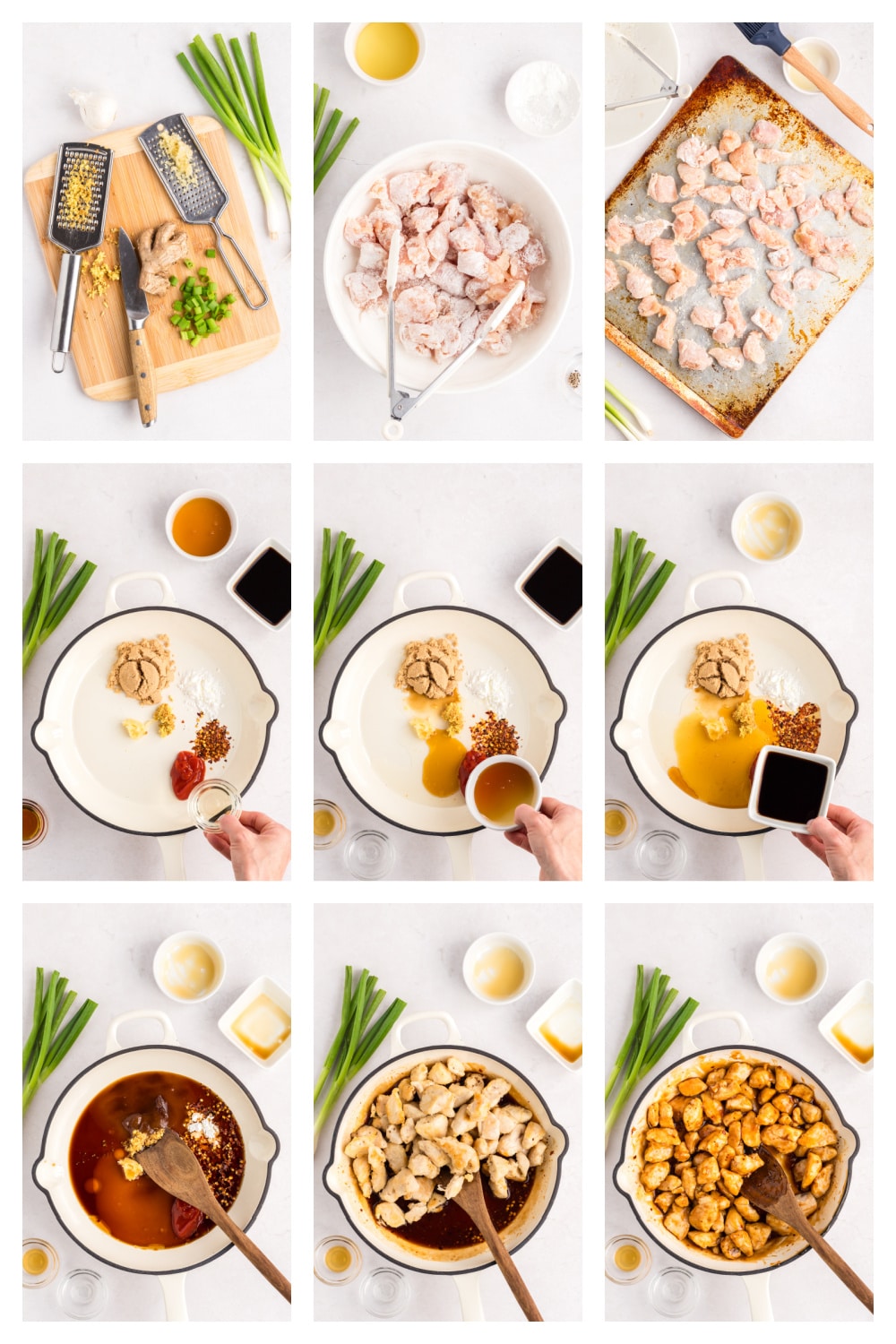 Step-by-step photo collage showing the process of coating, baking, saucing, and finishing the honey sesame chicken.