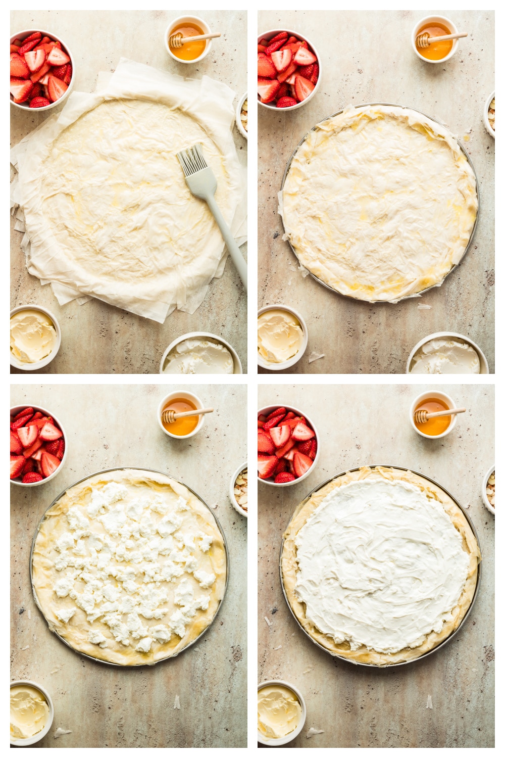 How to make Strawberry Goat Cheese Tart (phyllo dough) Step-by-step photo collage showing how to layer phyllo dough, spread goat cheese, and arrange strawberries on the tart.