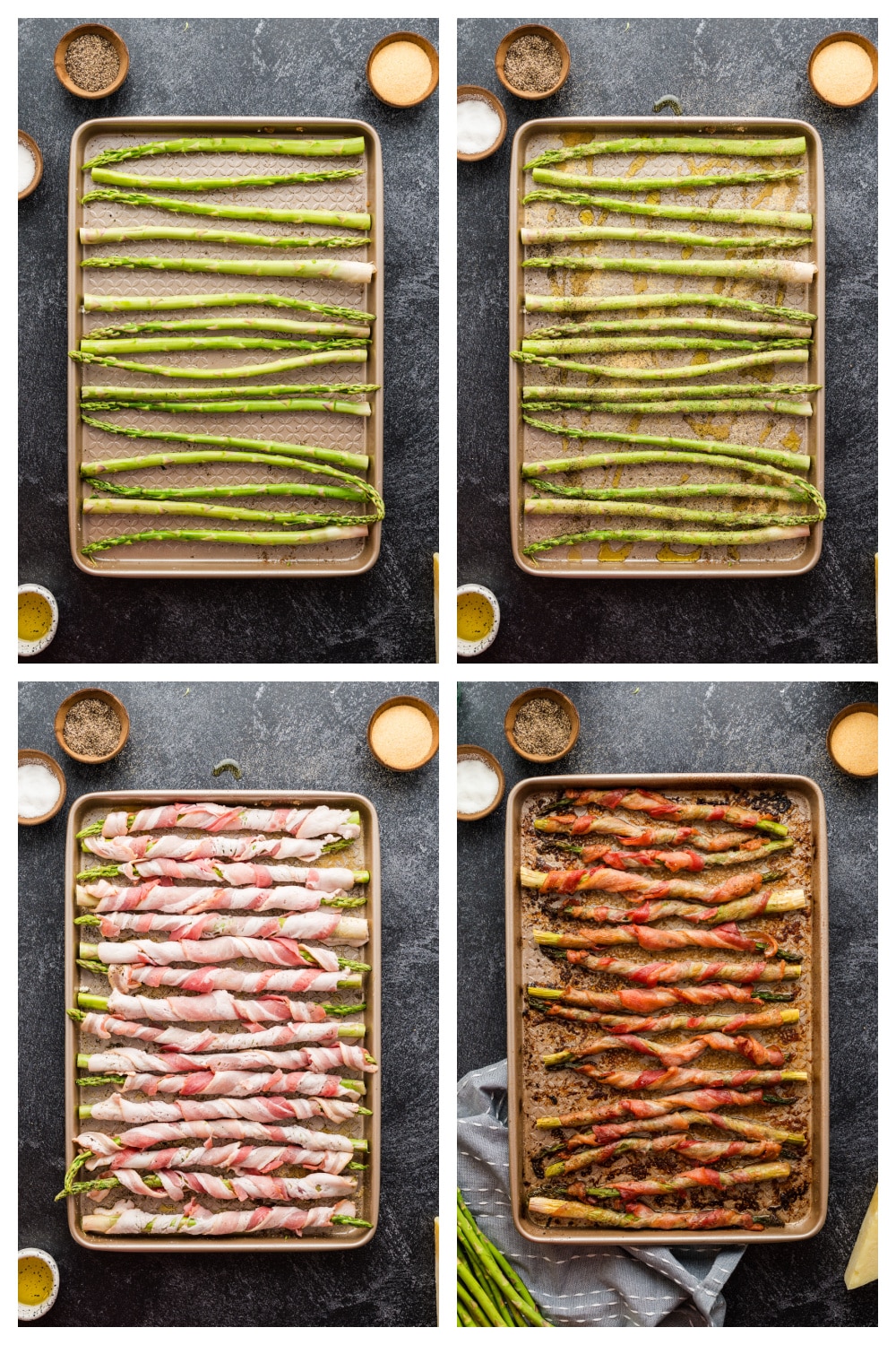How to make bacon-wrapped asparagus step by step Step-by-step collage showing how to season, wrap, and bake asparagus with bacon