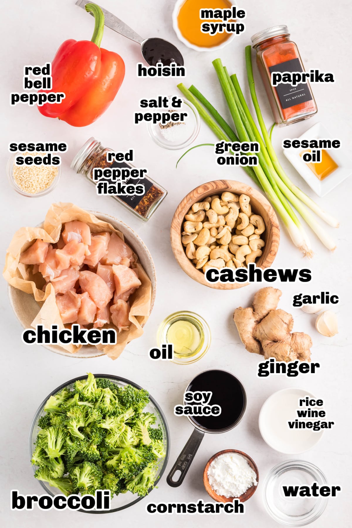 Cashew Chicken Stir-Fry Ingredients Ingredients for sticky cashew chicken stir-fry arranged on a counter