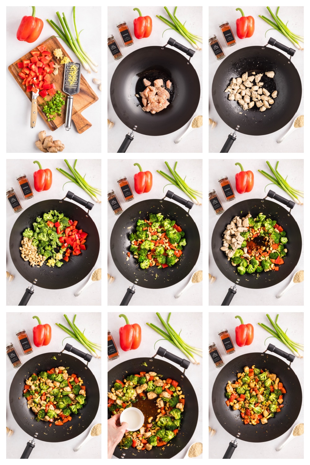Sticky Cashew Chicken Stir-Fry Process Steps Step-by-step collage showing how to make sticky cashew chicken stir-fry