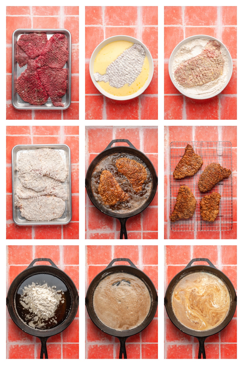 Step-by-step process for making chicken fried steak from dredging to gravy