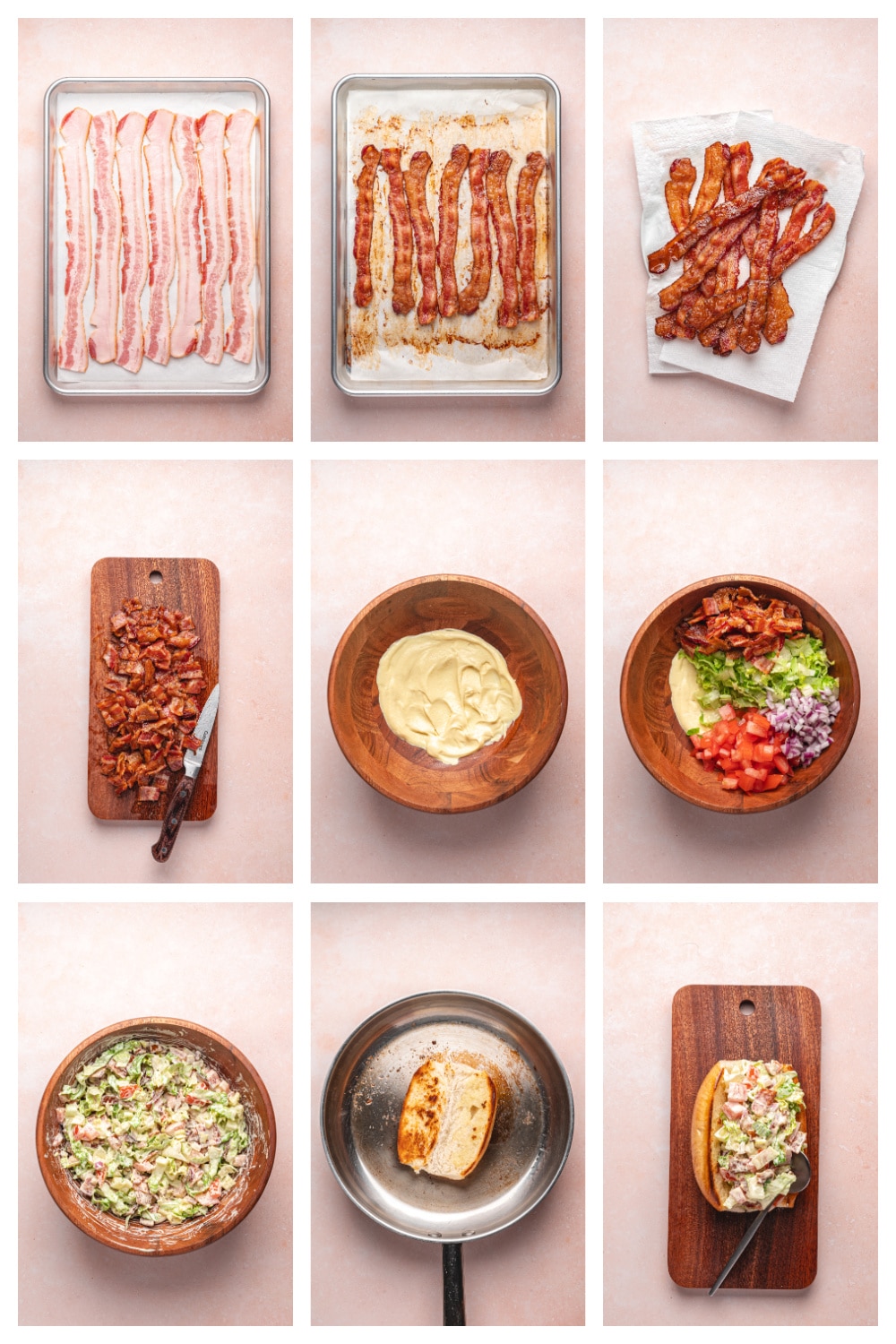 Chopped BLT hoagie sandwich process collage Step-by-step collage showing how to make chopped BLT hoagies from cooking bacon to assembling the sandwiches