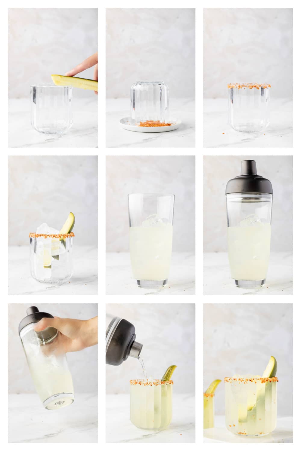 Step-by-step images showing how to make a dill pickle margarita