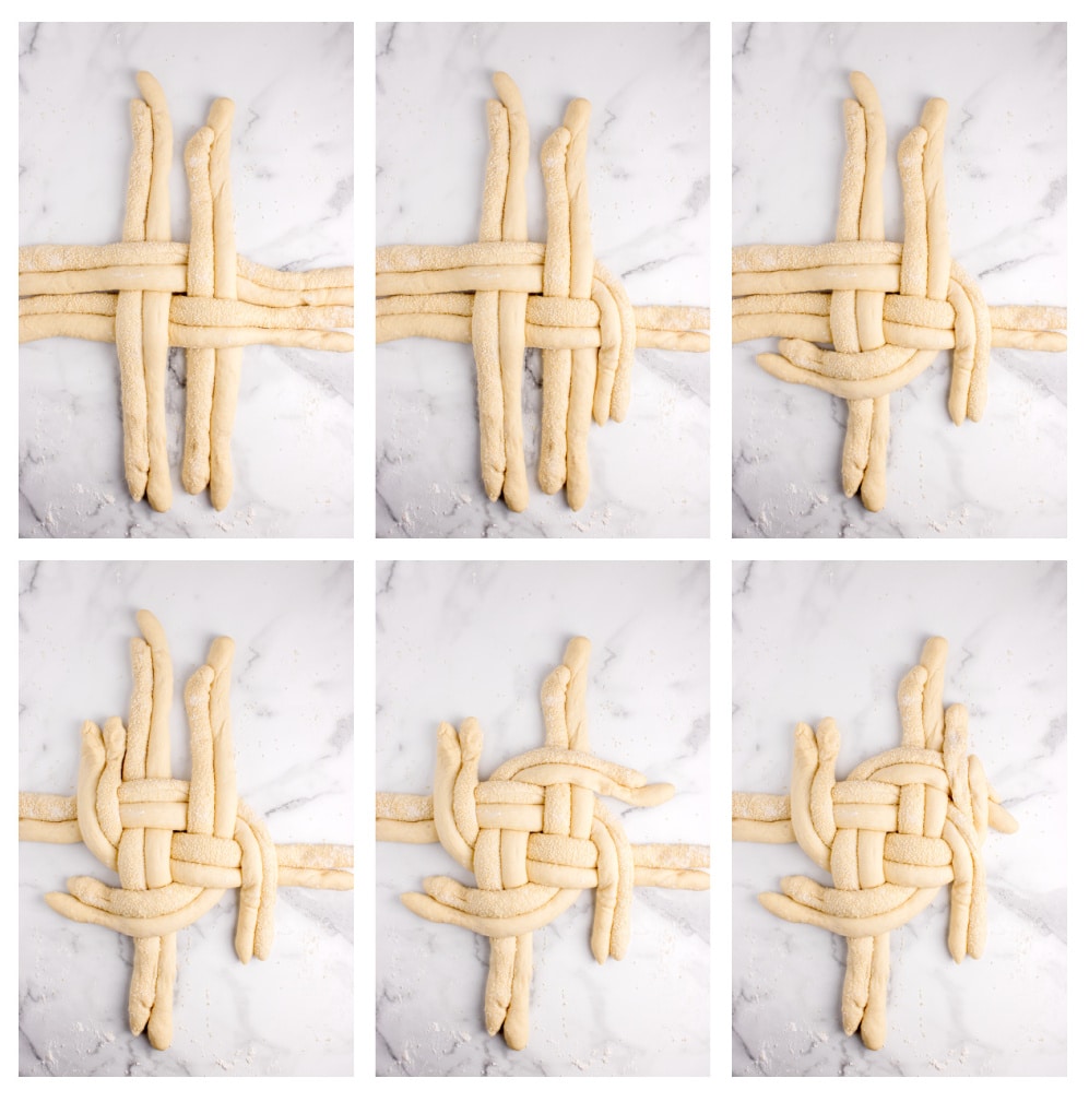 8-strand braided round challah tutorial collage Step-by-step braiding sequence for shaping a round challah using 8 strands