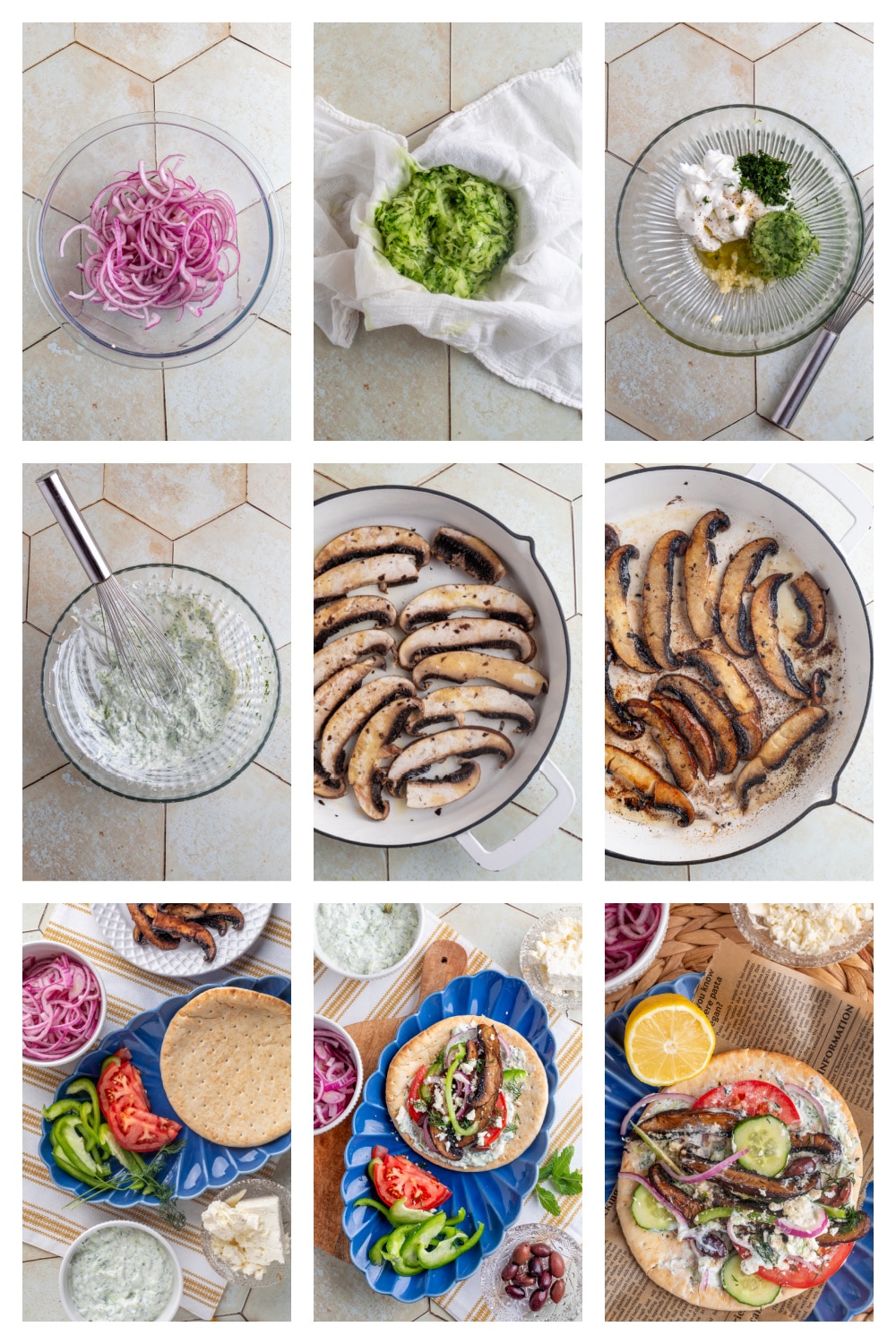 Step-by-step process showing how to make portobello mushroom gyros.