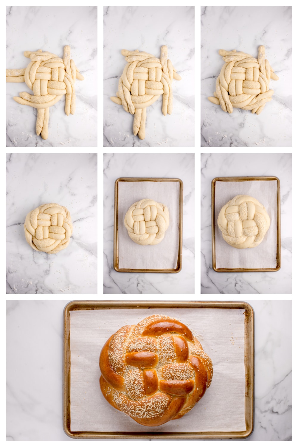 Finished round challah loaf with sesame, just out of the oven with more braiding tutorial Braiding and shaping a round challah loaf with sesame-coated strands