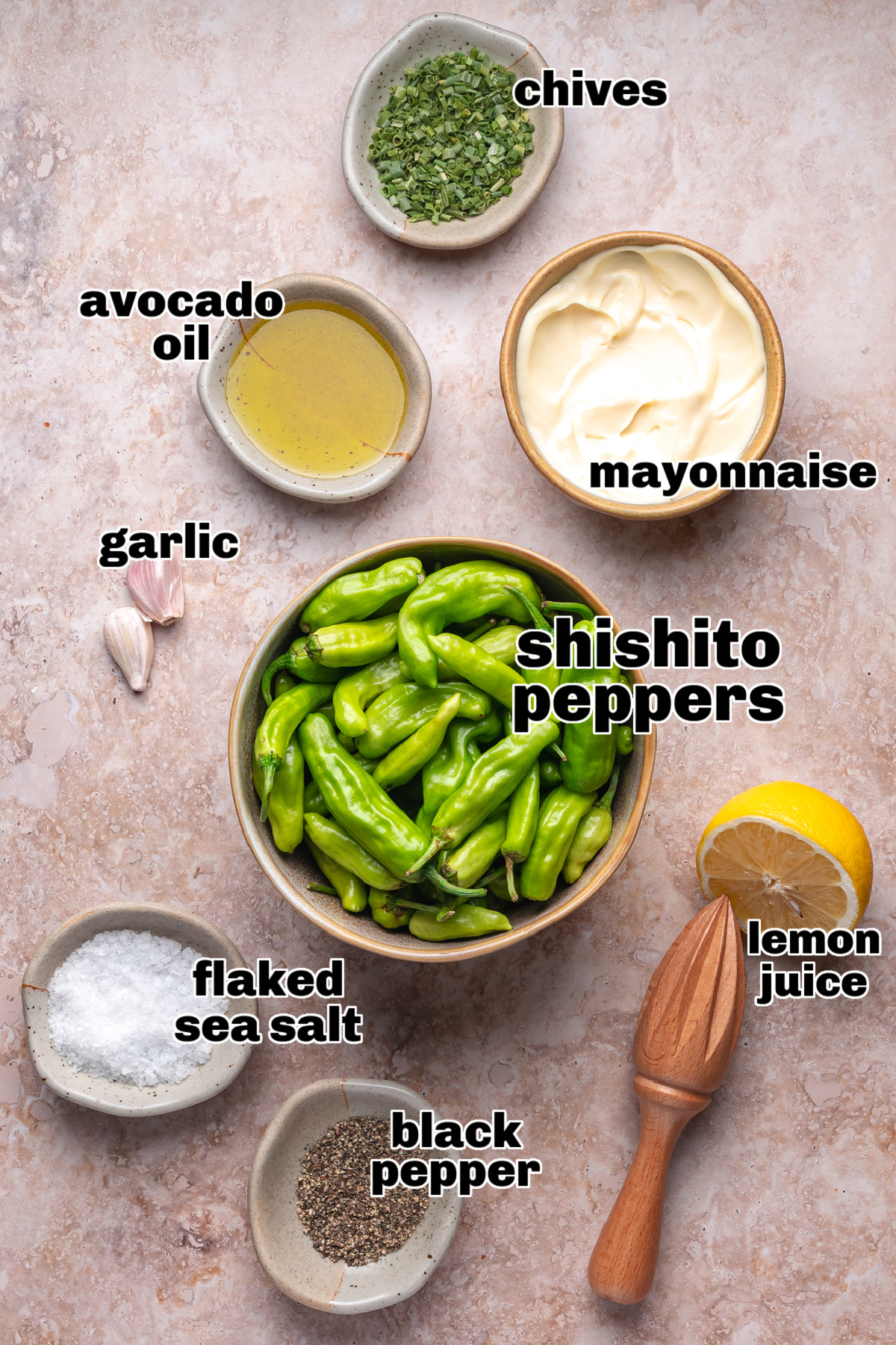 Overhead view of ingredients for blistered shishito peppers and garlic chive aioli, including avocado oil, mayonnaise, garlic, chives, lemon, and seasonings