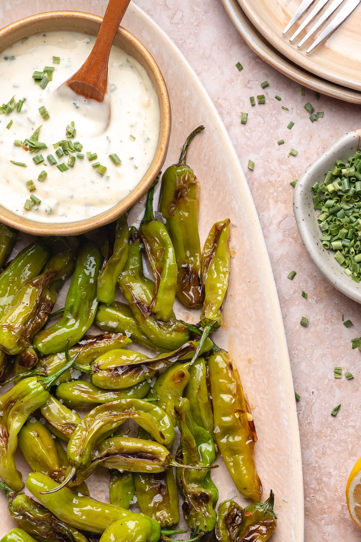 Blistered shishito peppers on a serving platter with a bowl of garlic chive aioli