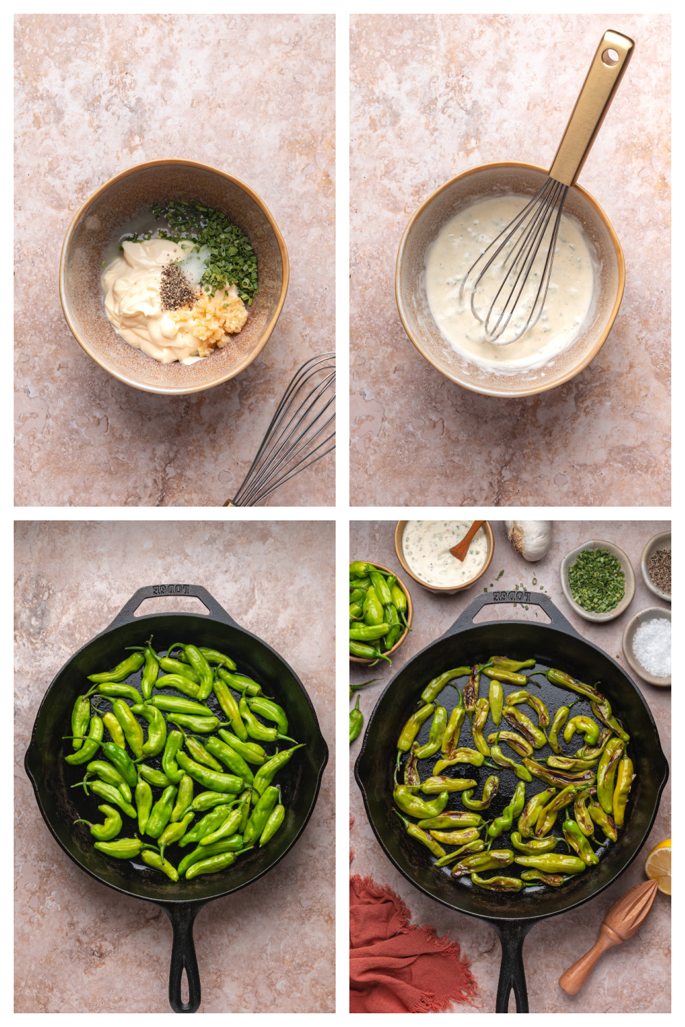 Step-by-step shots of making garlic chive aioli and blistering shishito peppers in a skillet