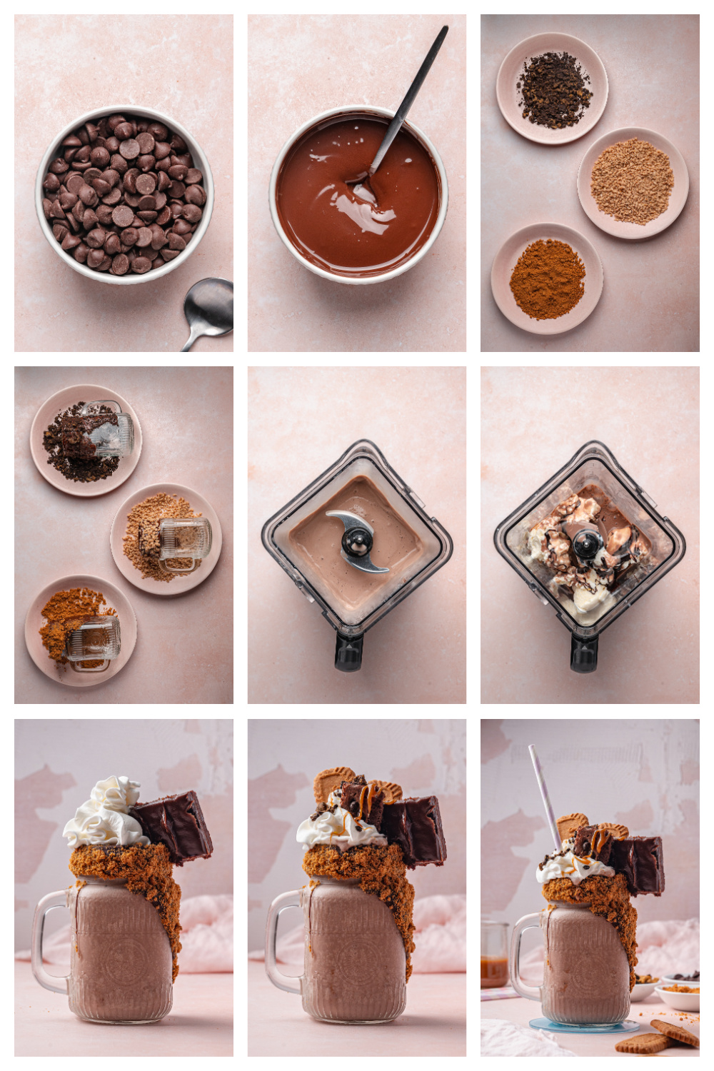 How to make a chocolate freakshake from rim to topping Step-by-step process of assembling a chocolate freakshake with cookie rims and blended milkshake