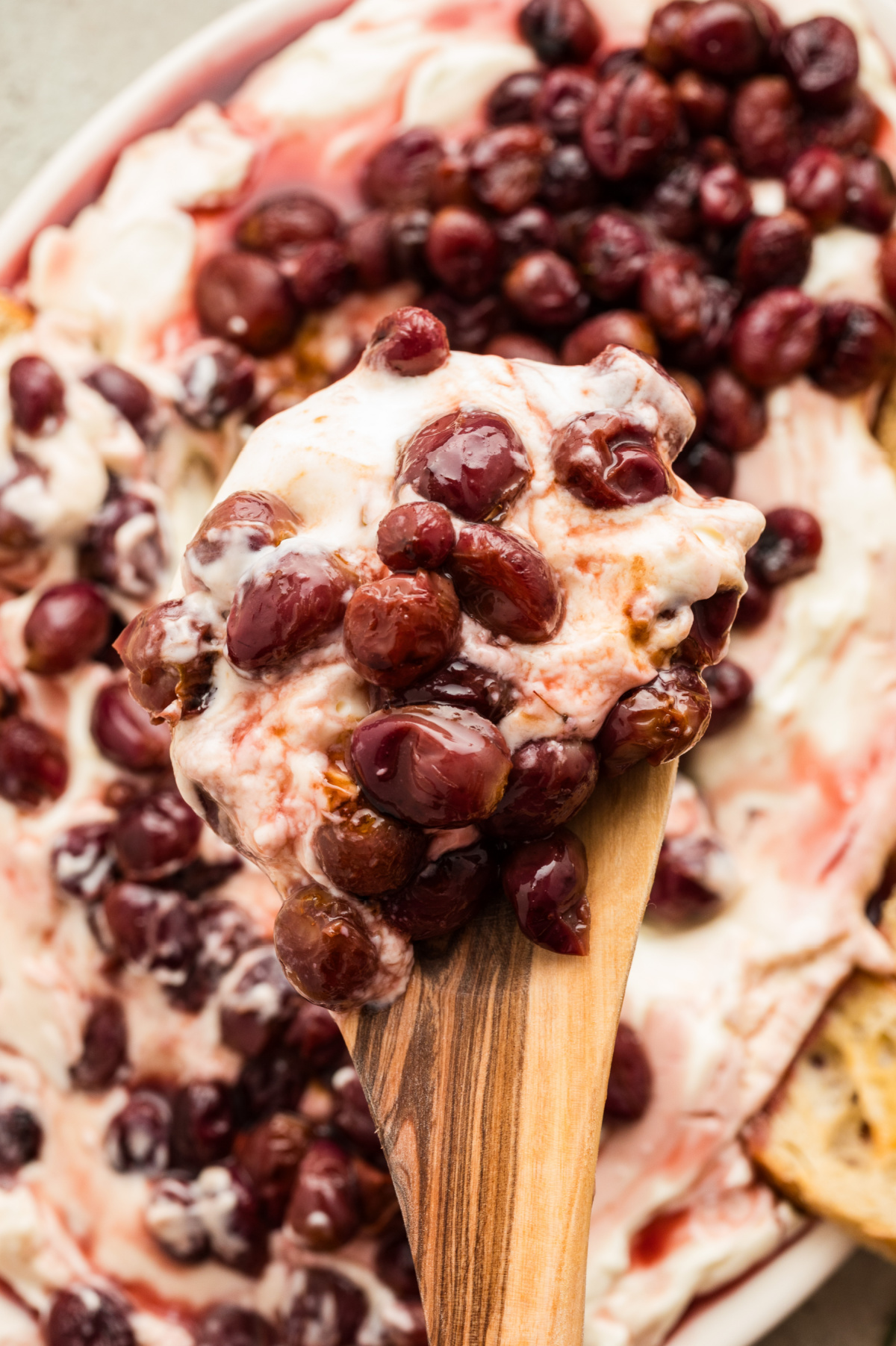 spoonful of creamy whipped ricotta with jammy roasted grapes wooden spoon holding a scoop of whipped ricotta with roasted grapes