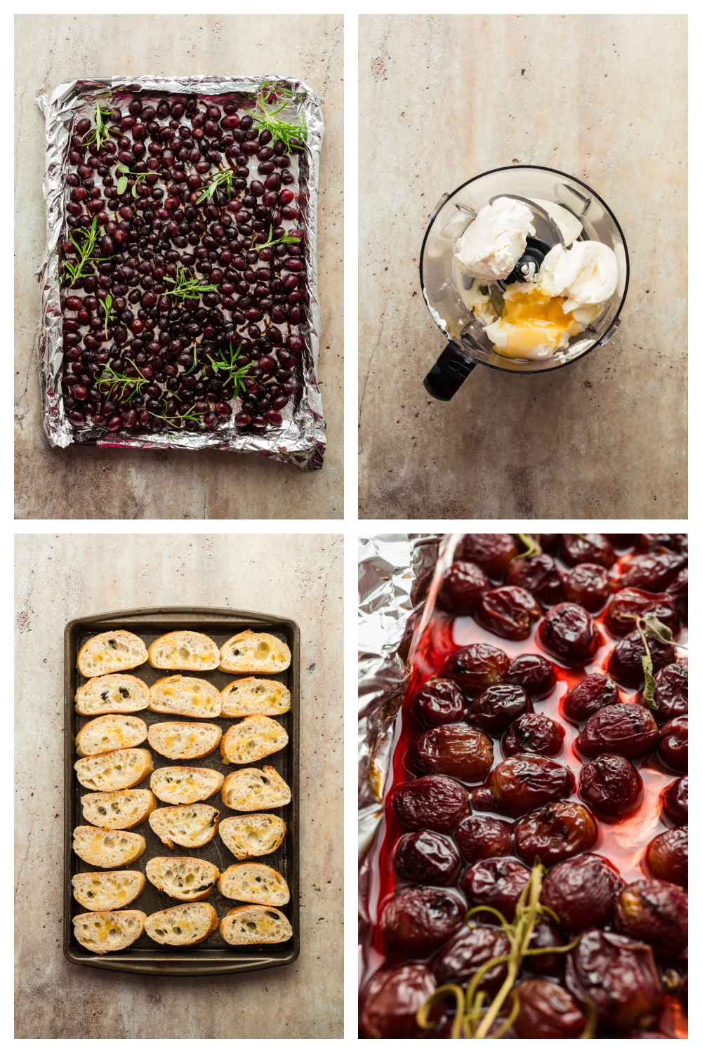 how to make whipped ricotta with roasted grapes and honey crostini step-by-step prep of whipped ricotta and roasted grape appetizer including crostini