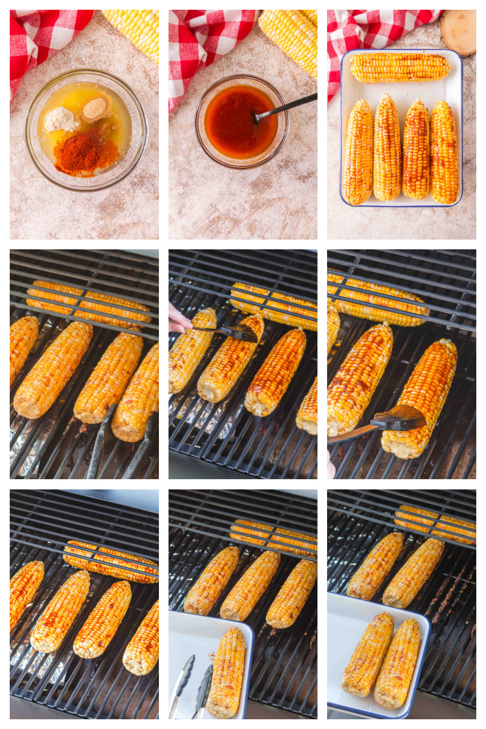 Step-by-step photos showing how to smoke corn on the cob using a pellet grill
