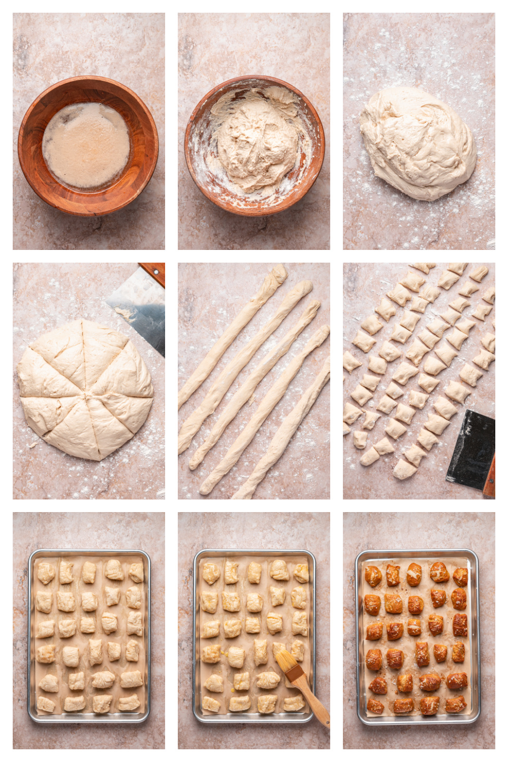 How to shape soft pretzel dough into bite-sized pieces step-by-step process of cutting and shaping pretzel dough into bite-sized pieces