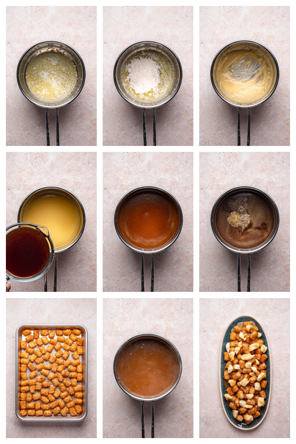 How to Make Tater Tot Poutine with Homemade Gravy Step-by-step photos showing how to make homemade gravy and assemble tater tot poutine.