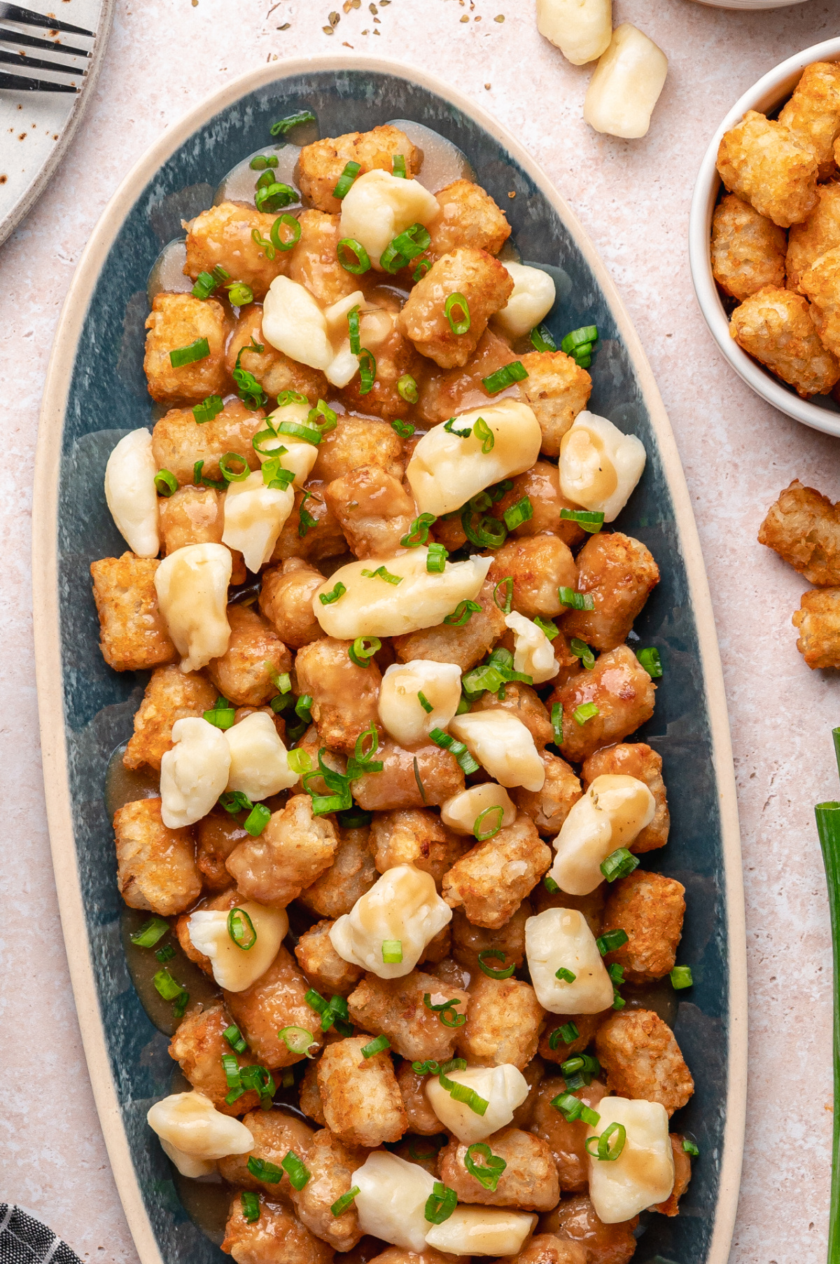 State Fair Style Tater Tot Poutine with Cheese Curds and Gravy Platter of tater tot poutine inspired by state fair food, loaded with cheese curds and smothered in gravy.