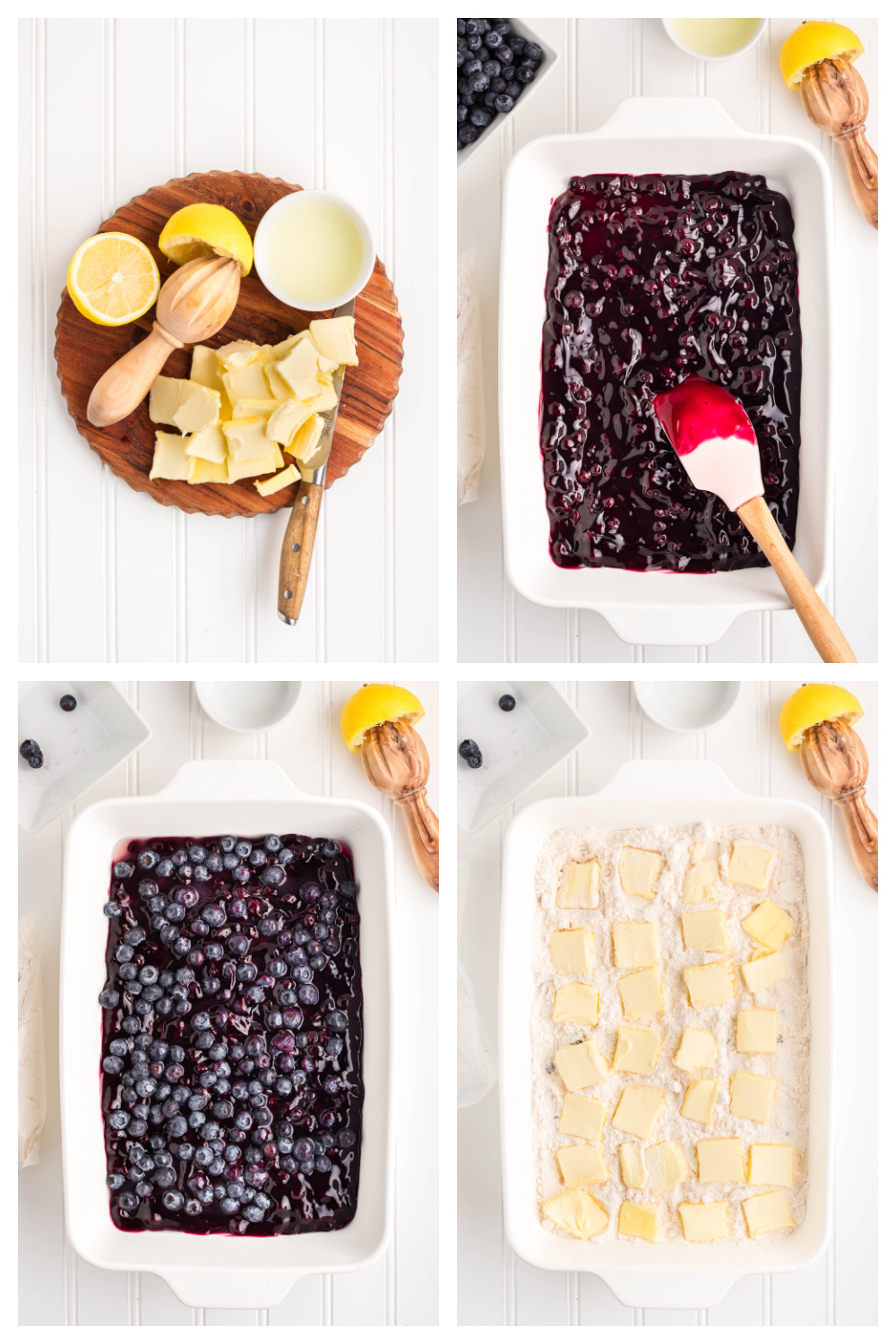 How to layer ingredients for blueberry dump cake. Step-by-step layering of pie filling, fresh blueberries, cake mix, and butter in a baking dish.