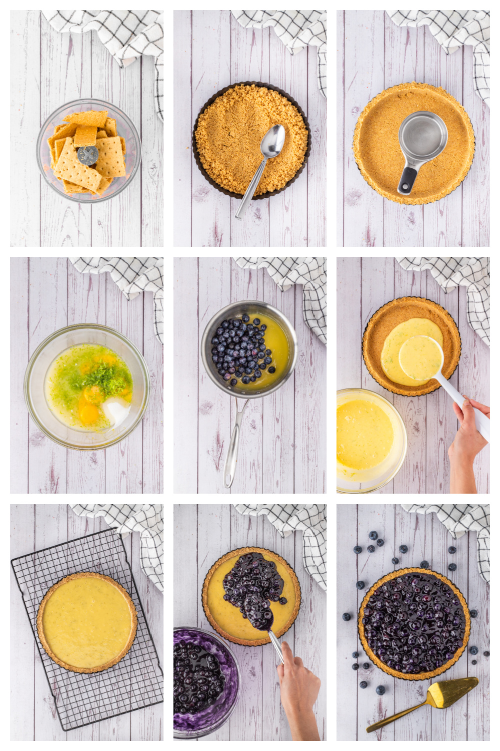 Step by step process making a key lime tart with blueberry topping from crust to topping.