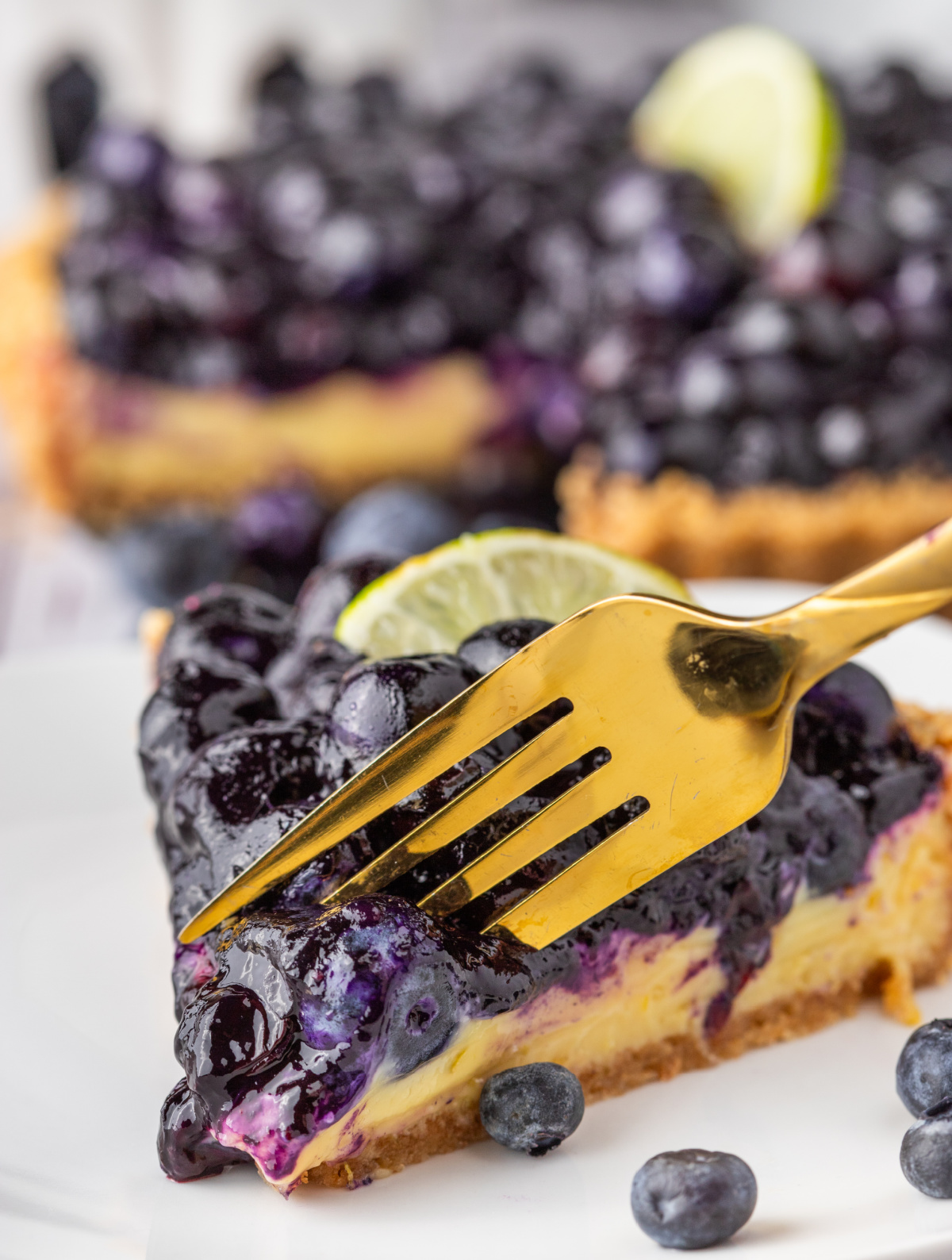Bite taken from Blueberry Key Lime Tart slice topped with blueberries and lime.