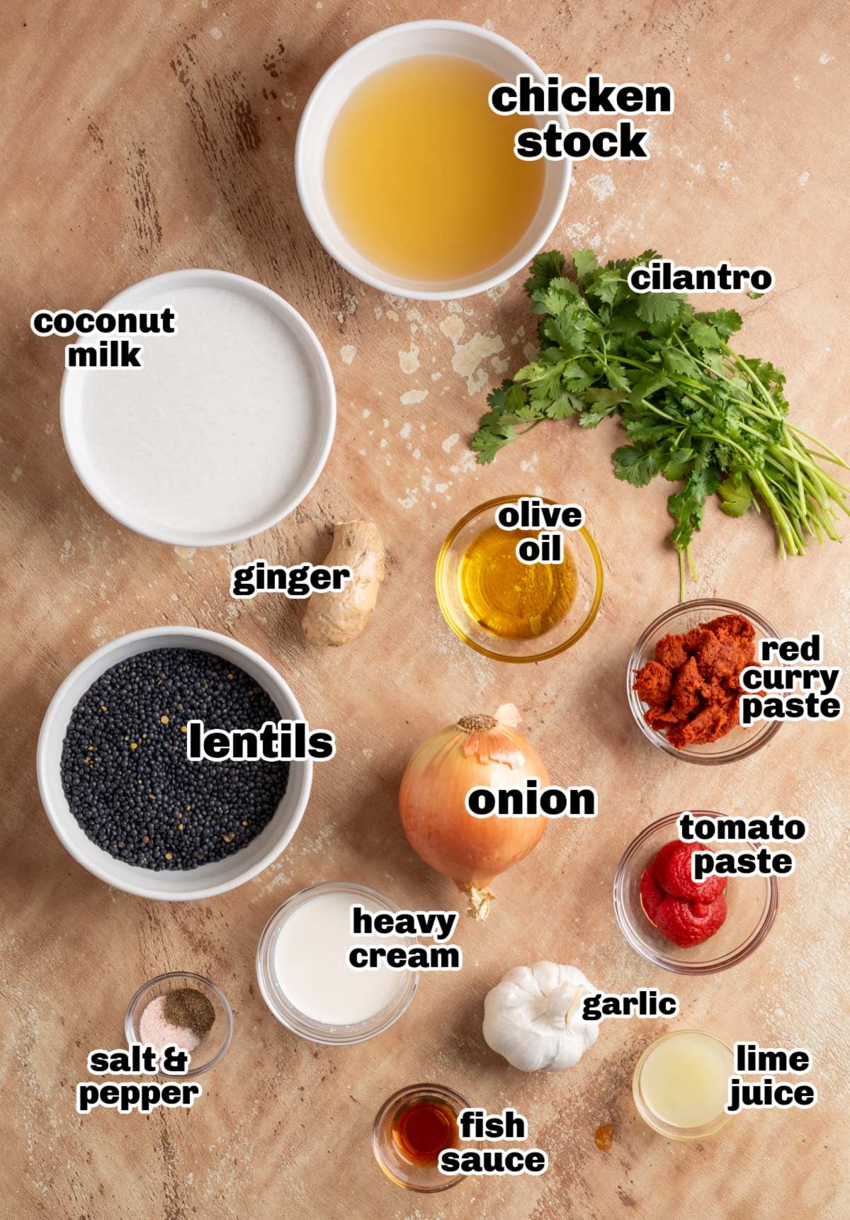 Ingredients for Marry Me Lentils including black lentils, onion, garlic, ginger, curry paste, tomato paste, coconut milk, chicken stock, lime juice, and cilantro.
