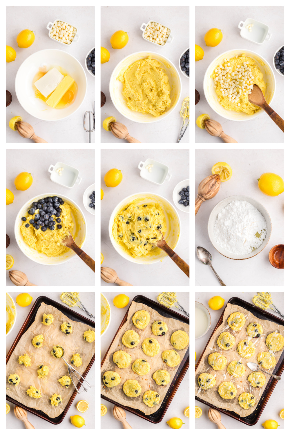How to Make Lemon Blueberry Cake Mix Cookies Step-by-step collage showing how to make lemon blueberry cookies with cake mix and glaze