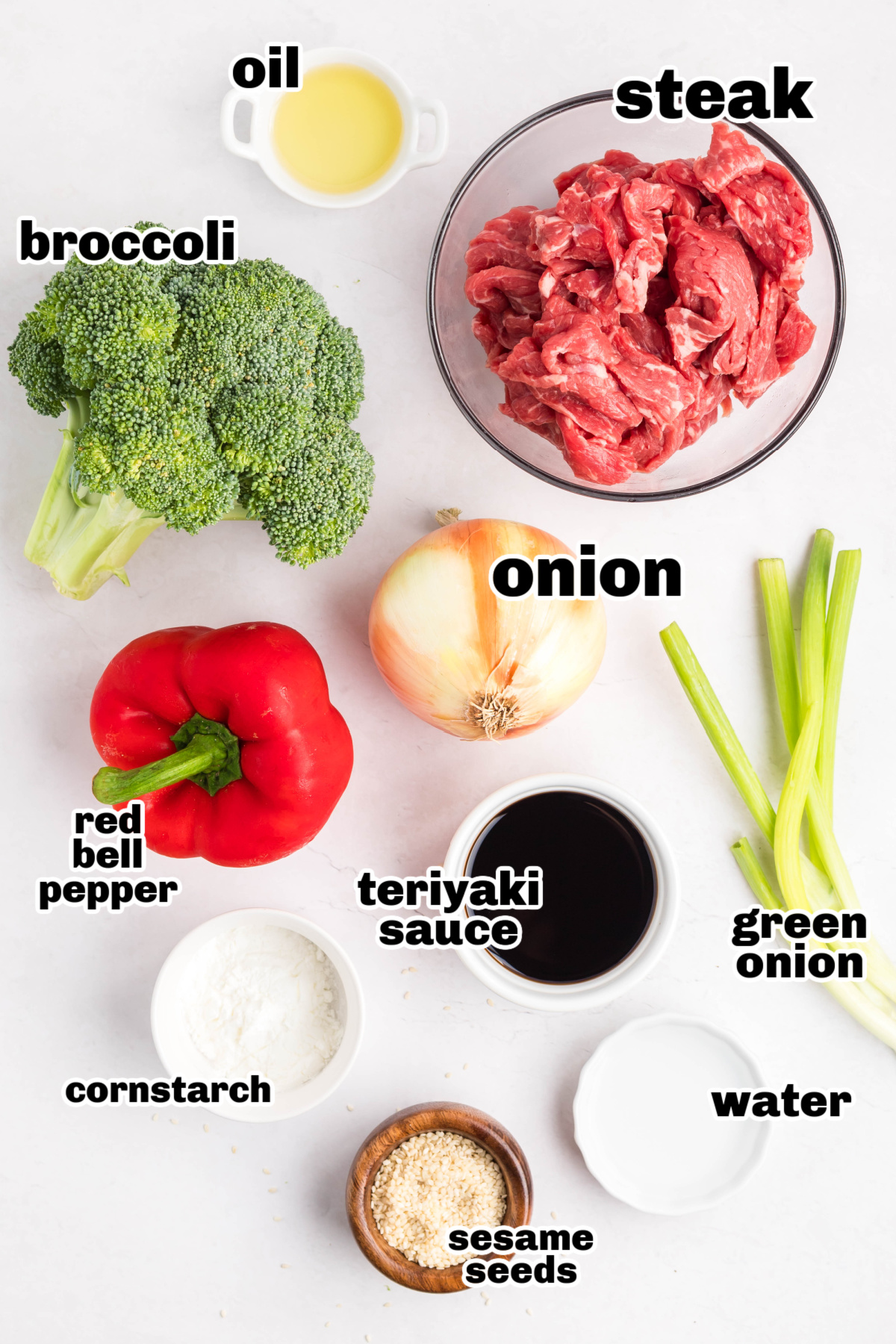 Beef Teriyaki Stir Fry Ingredients Ingredients for Beef Teriyaki Stir Fry on a counter