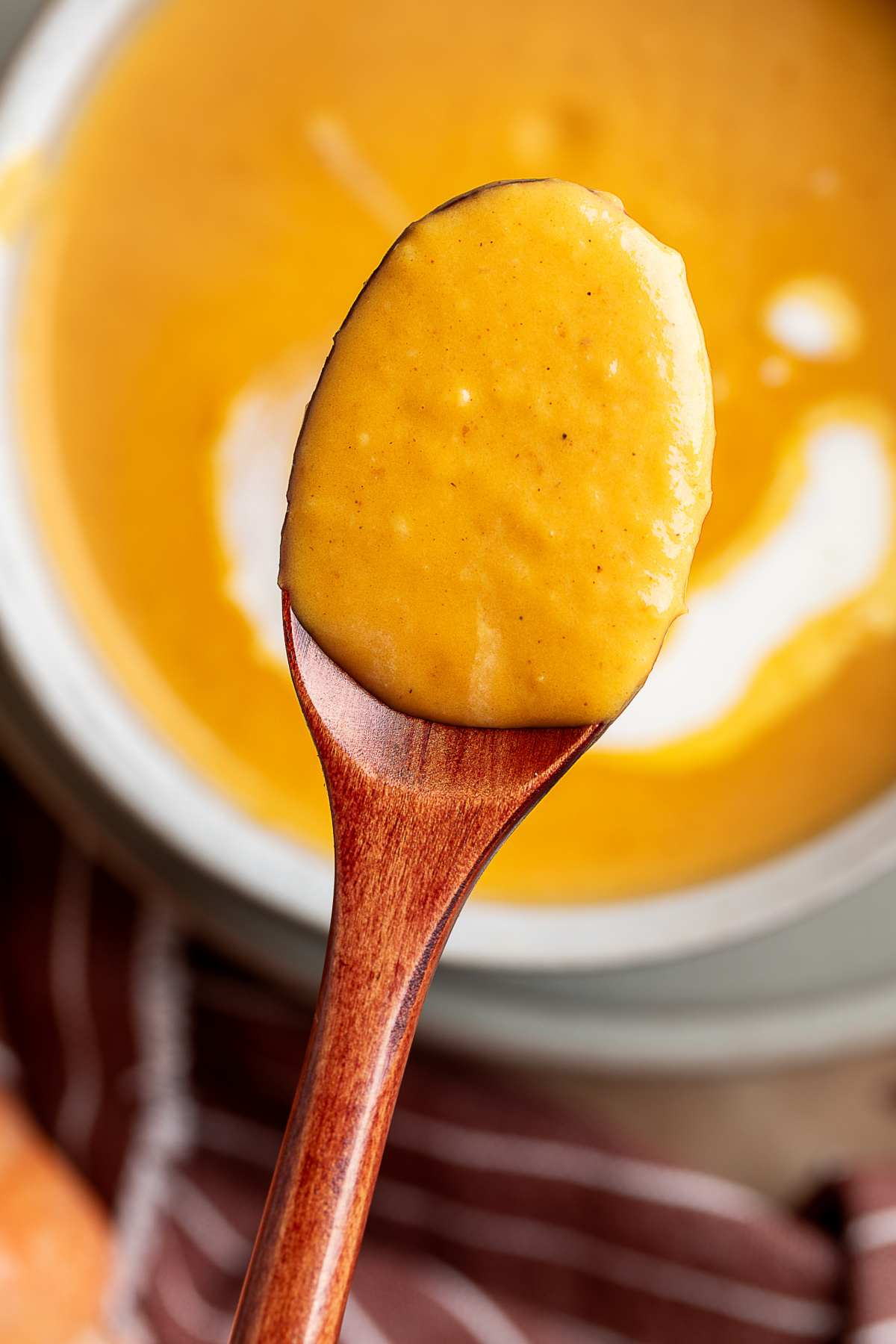 spoonful of pumpkin soup spoonful of creamy roasted garlic pumpkin soup lifted from the bowl to show thick texture