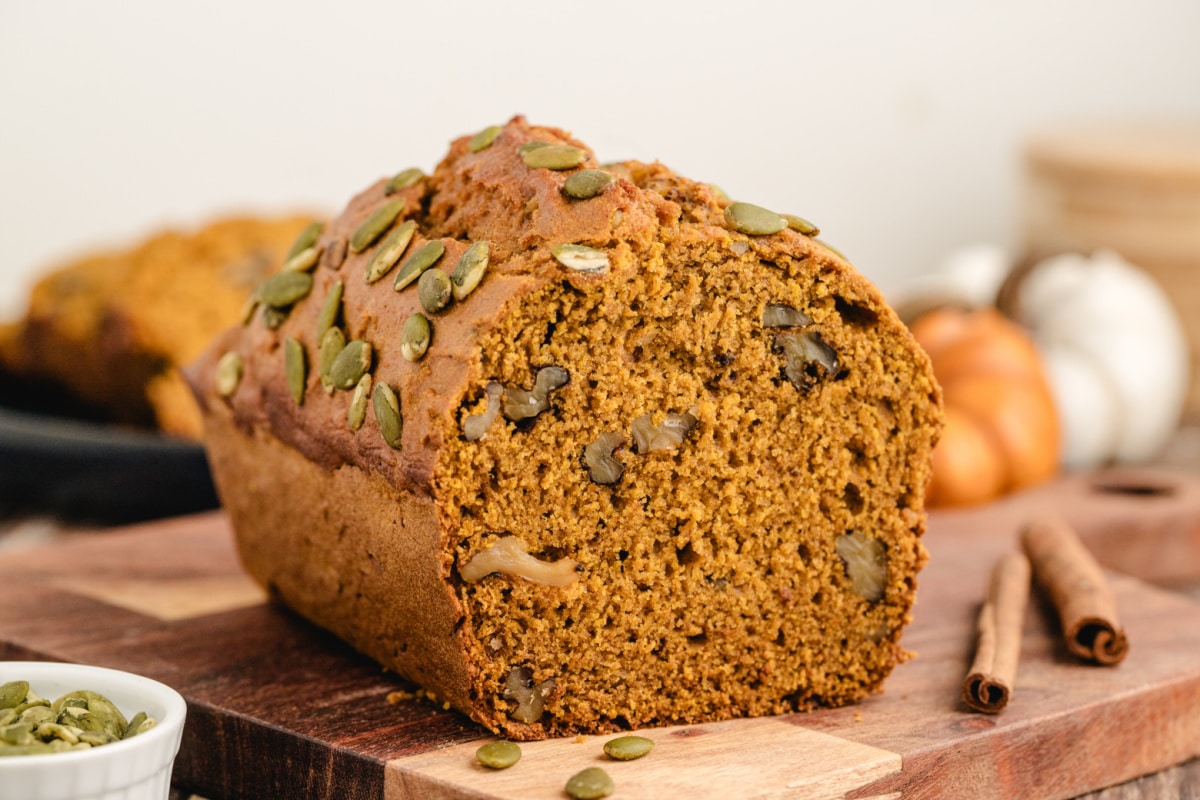 loaf of reduced calorie pumpkin bread with olive oil