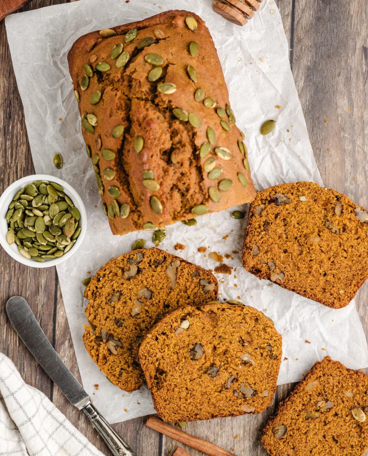 pumpkin loaf sliced with lower calories than traditonal pumpkin bread