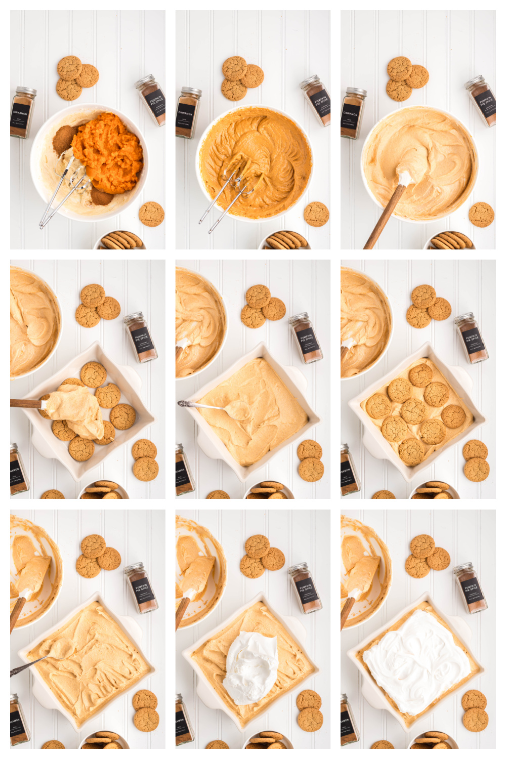 Step by step photos showing how to make no bake pumpkin icebox cake with gingersnaps