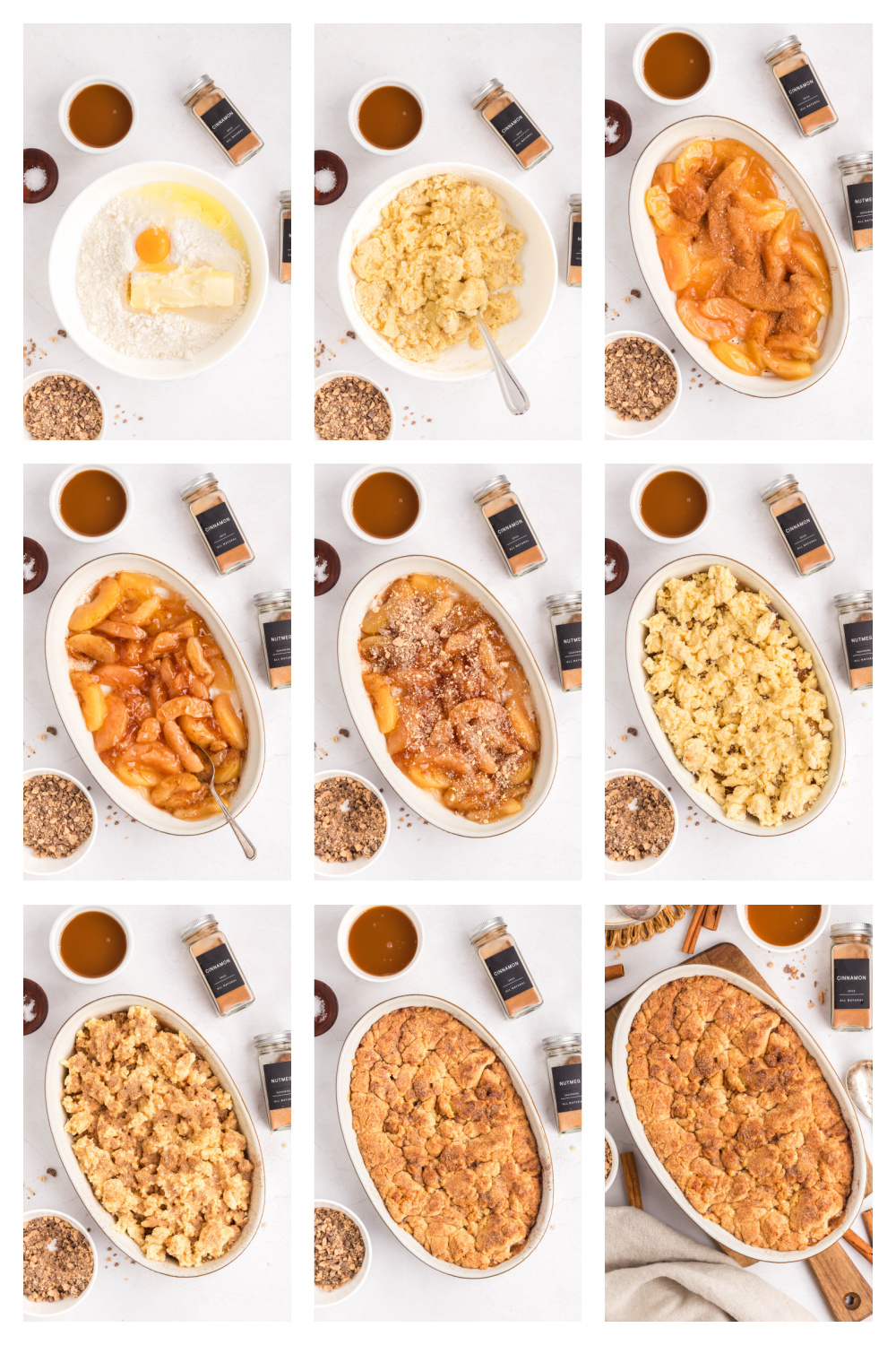 Step by step process shots showing how to make snickerdoodle apple cobbler.