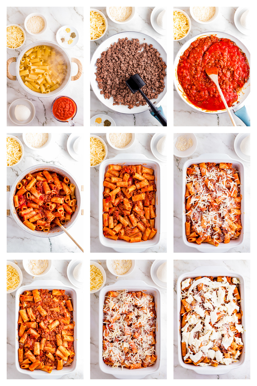 Step-by-step photos showing how to make baked rigatoni with beef, marinara sauce, and mozzarella layered in a baking dish