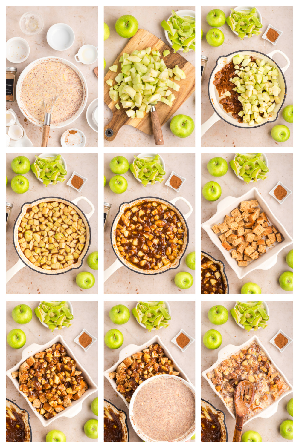 Step-by-step photos for making caramel apple bread pudding. Step-by-step process showing how to make caramel apple bread pudding with cubed brioche, cooked apples, and custard mixture.