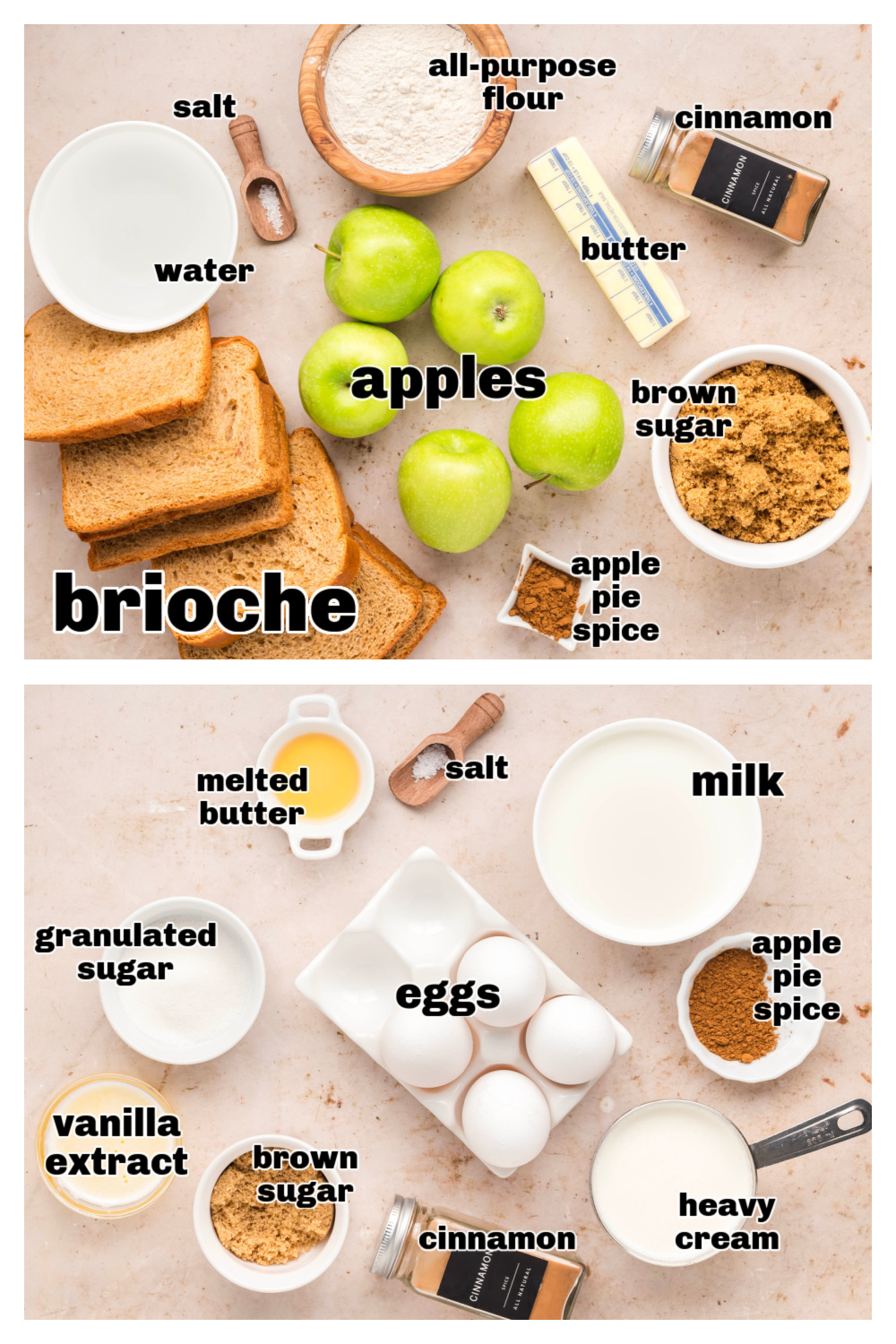 Ingredients for making caramel apple bread pudding with brioche and apples. Ingredients for caramel apple bread pudding including brioche, Granny Smith apples, brown sugar, cinnamon, and cream arranged on a counter.