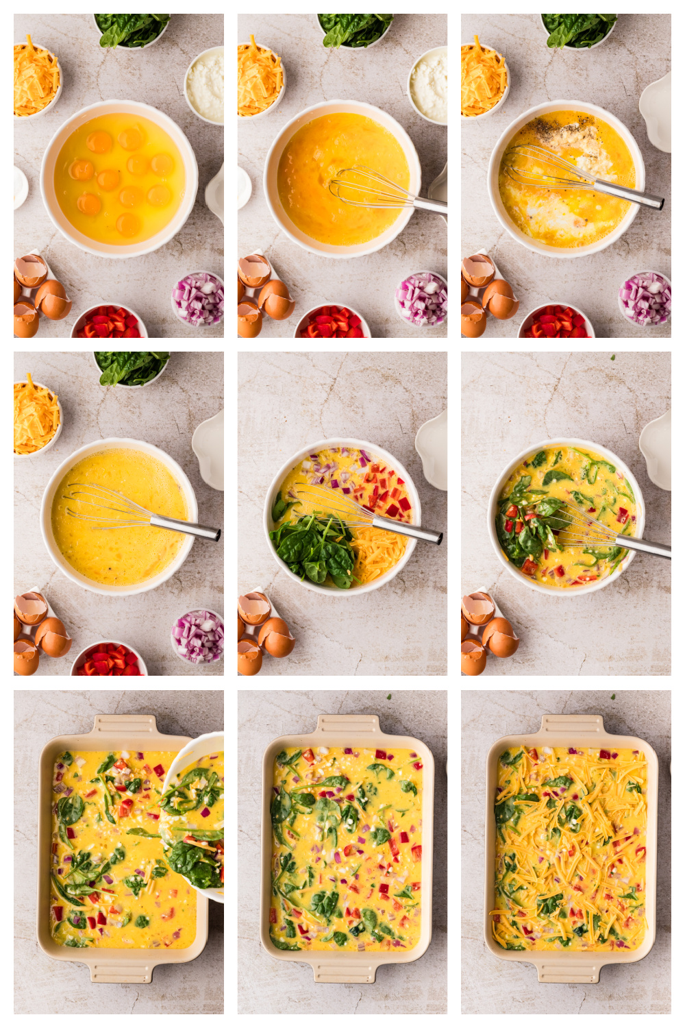 Step by step collage showing how to make cottage cheese egg bake with spinach, peppers, and cheddar