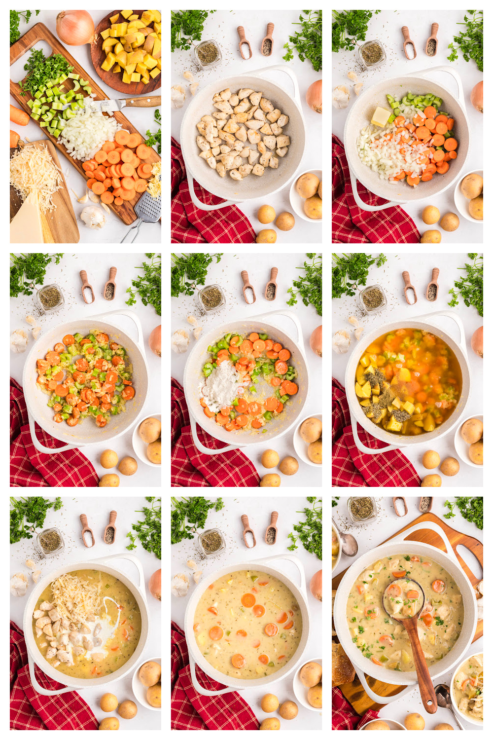 step-by-step photos showing how to make creamy chicken stew with chicken, carrots, celery, potatoes, flour, broth, cream, and Parmesan simmered together in one pot.
