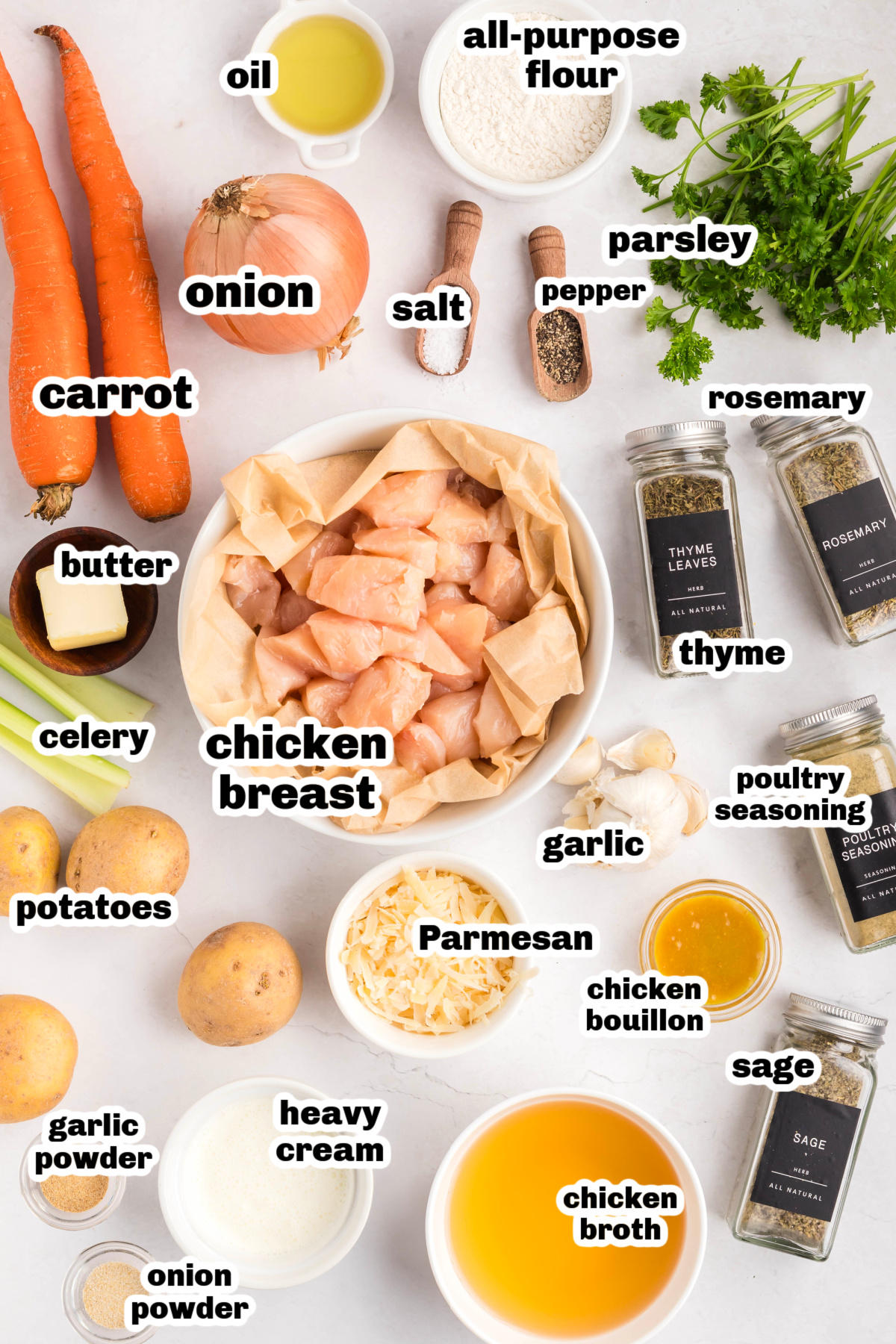 ingredients for creamy chicken stew including chicken breast, potatoes, carrots, celery, onion, butter, flour, broth, cream, and herbs arranged on a counter.
