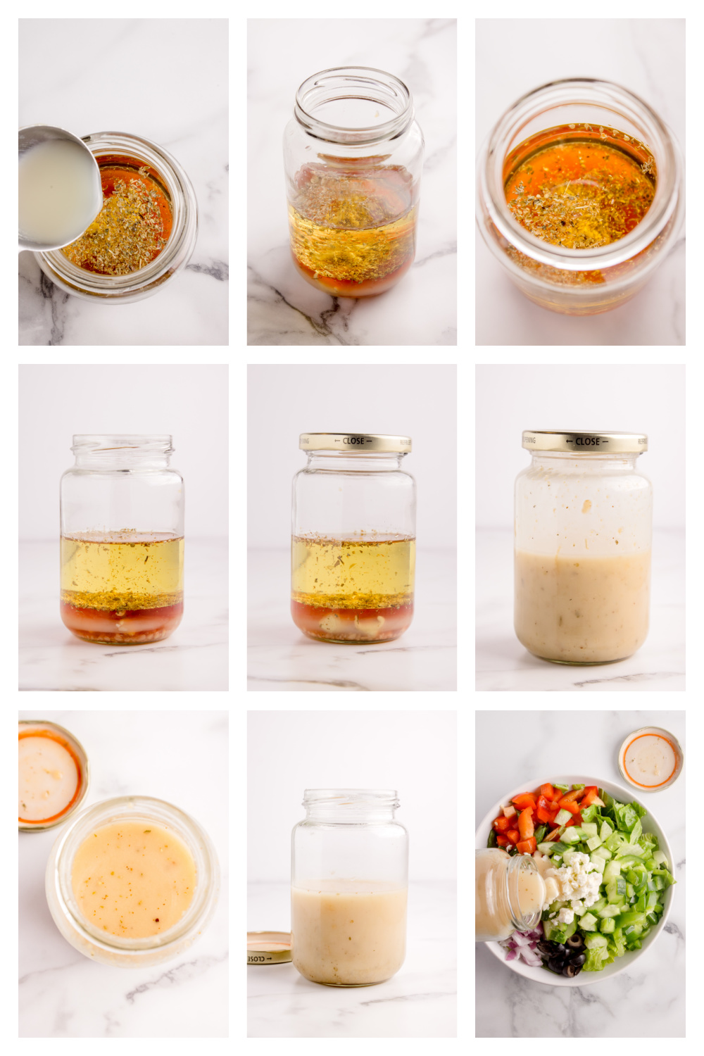 Step-by-step images showing how to make Greek salad dressing in a jar with oil, vinegar, and seasonings.
